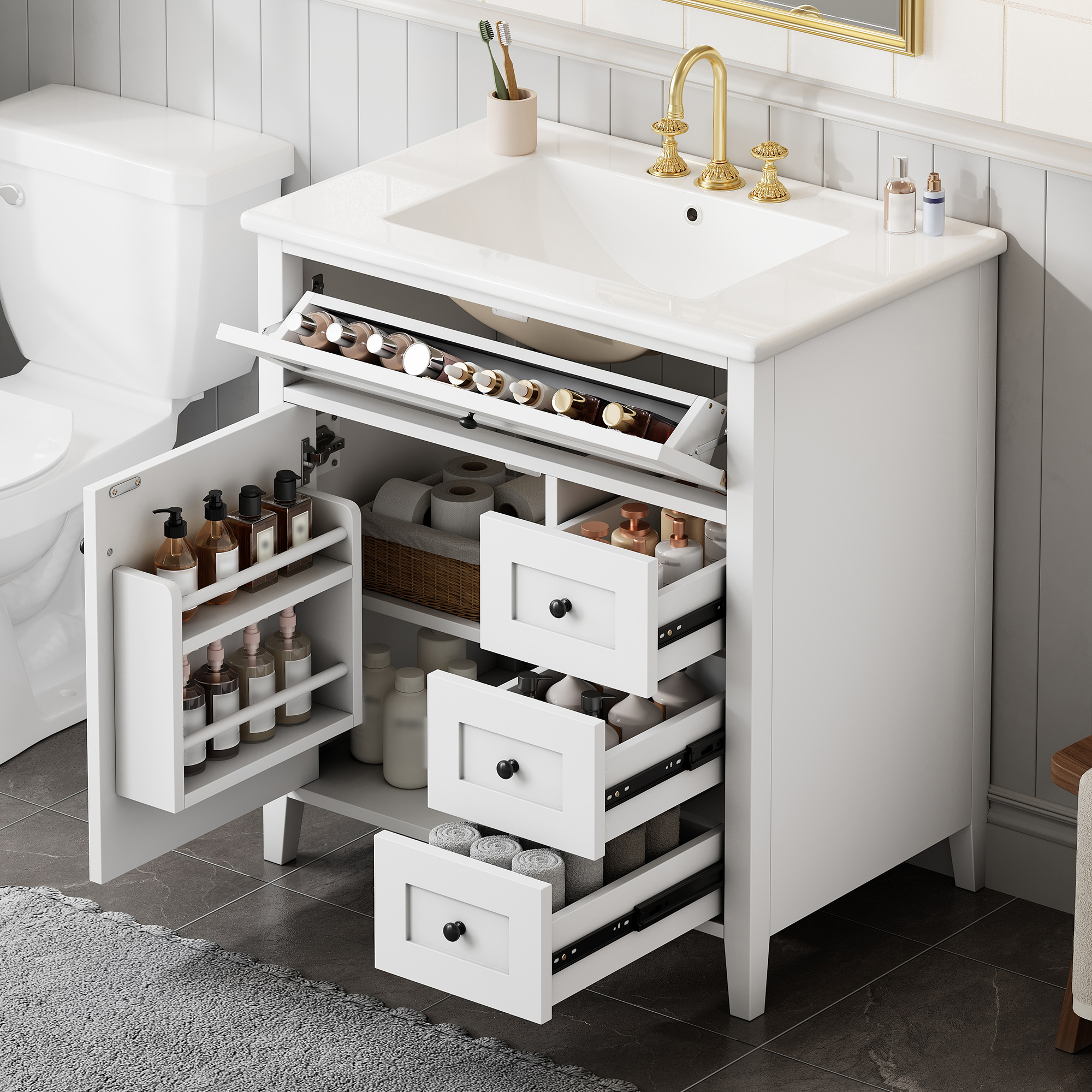 Meuble vanité salle de bain 30po blanc, 3 tiroirs, MDF