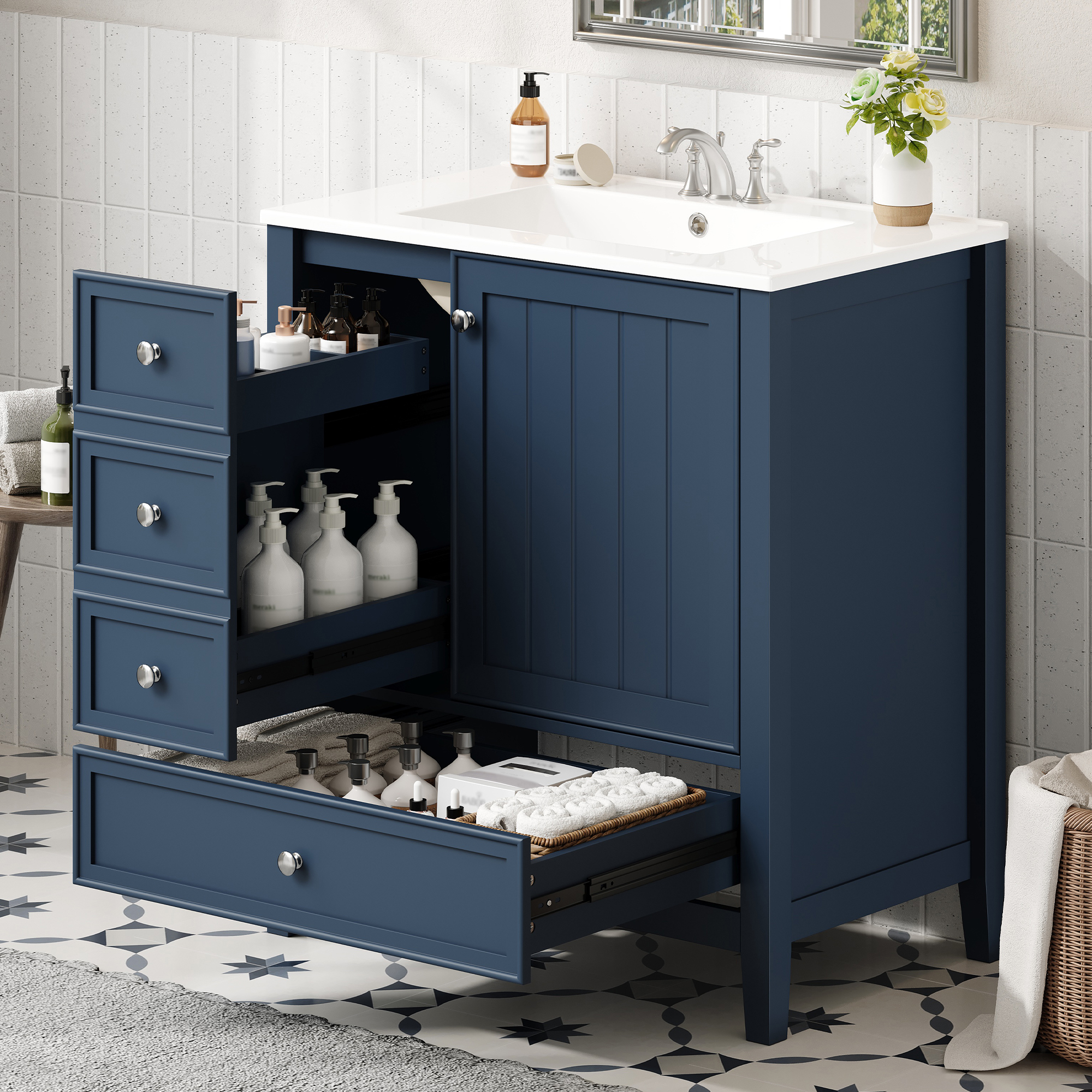 Meuble salle bain 30po 1 cabinet 3 tiroirs bleu