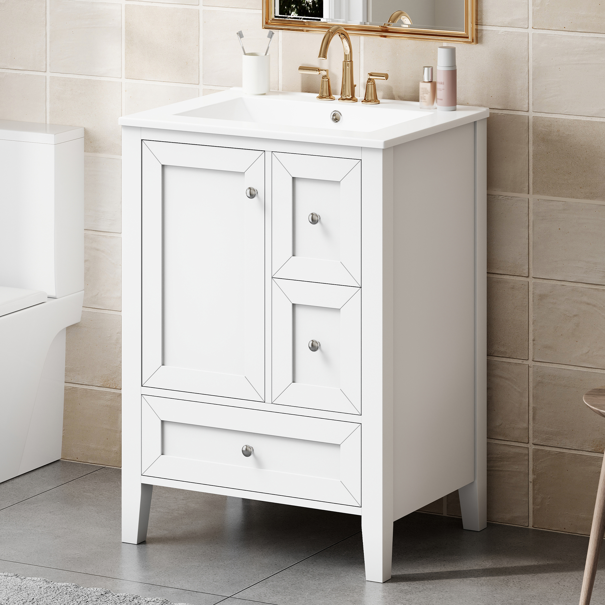 Vanité 24" salle bain, blanc, tiroirs, comptoir céramique