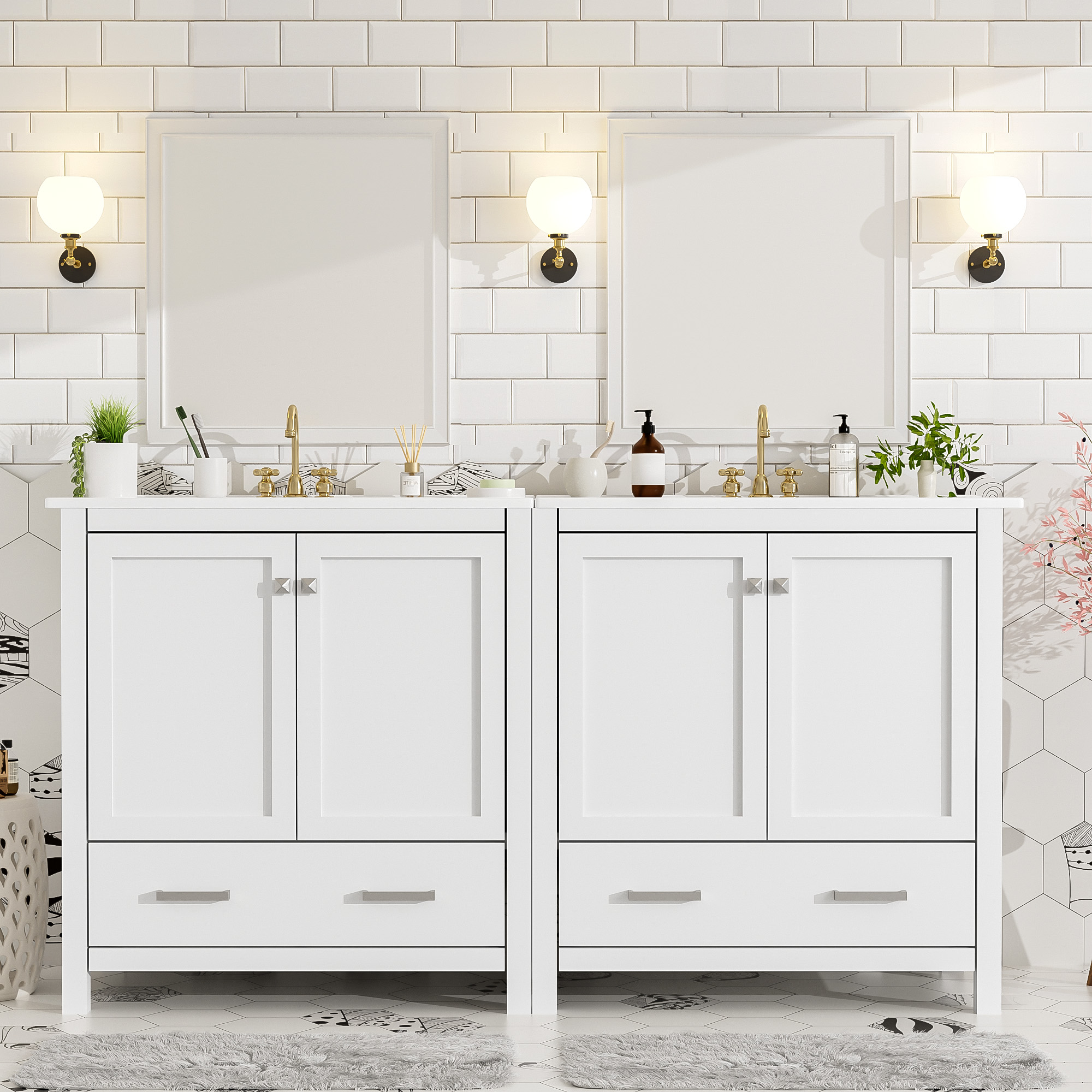Vanité salle de bain 60 po double vanités céramique blanc moderne