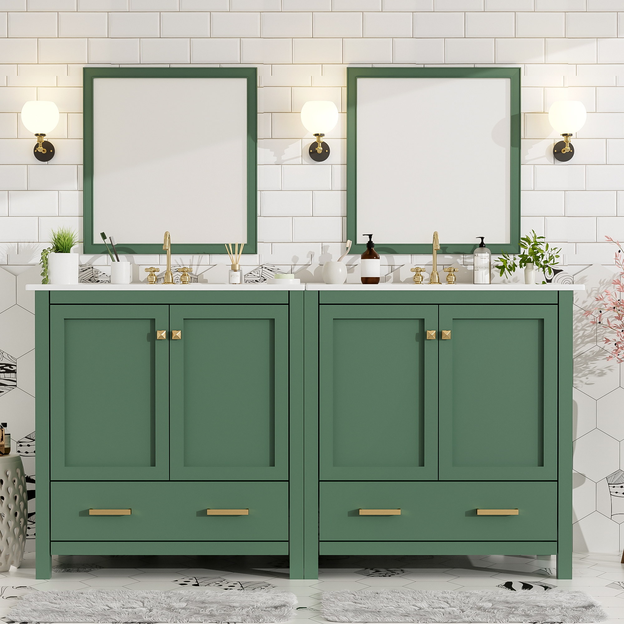 Ensemble vanité salle de bain 60po, double vanité, 2 lavabos céramique, miroir exclu