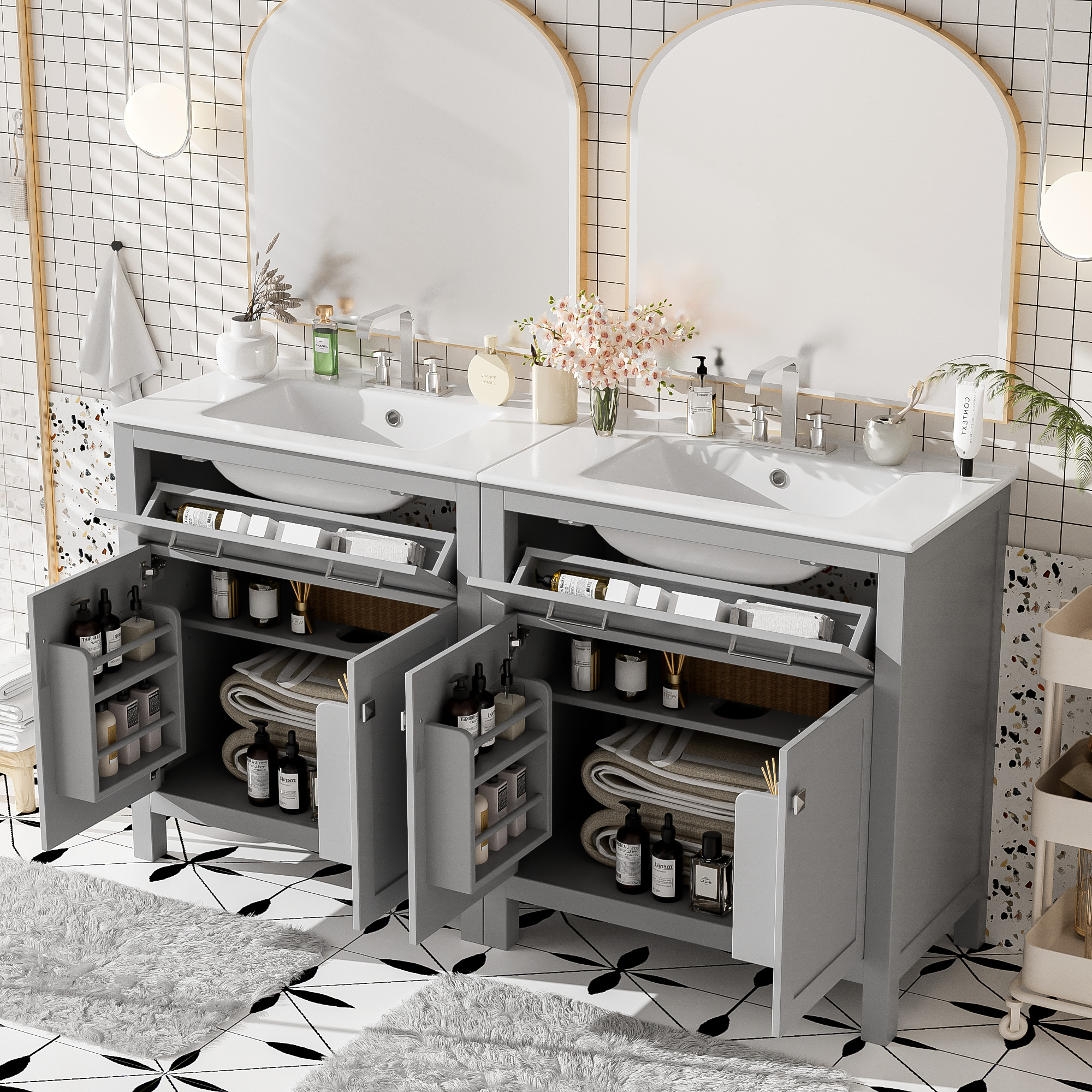 Meuble lavabo salle bain 60", double vanité, gris