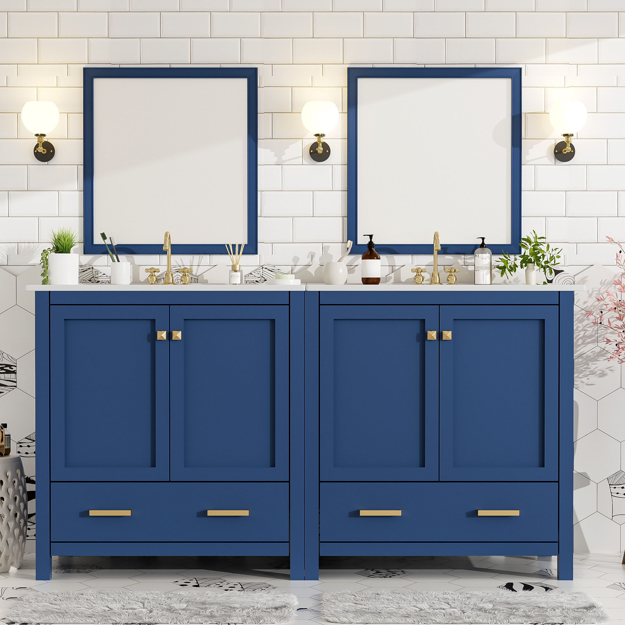 Meuble vanité salle bain 60po, doubles éviers céramique, rangement