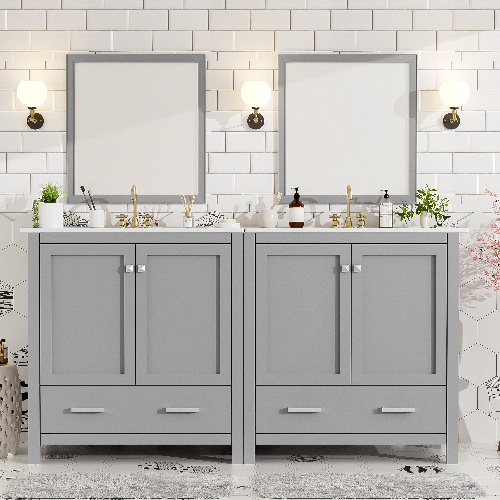 Vanité salle bain 60po double évier double céramique gris