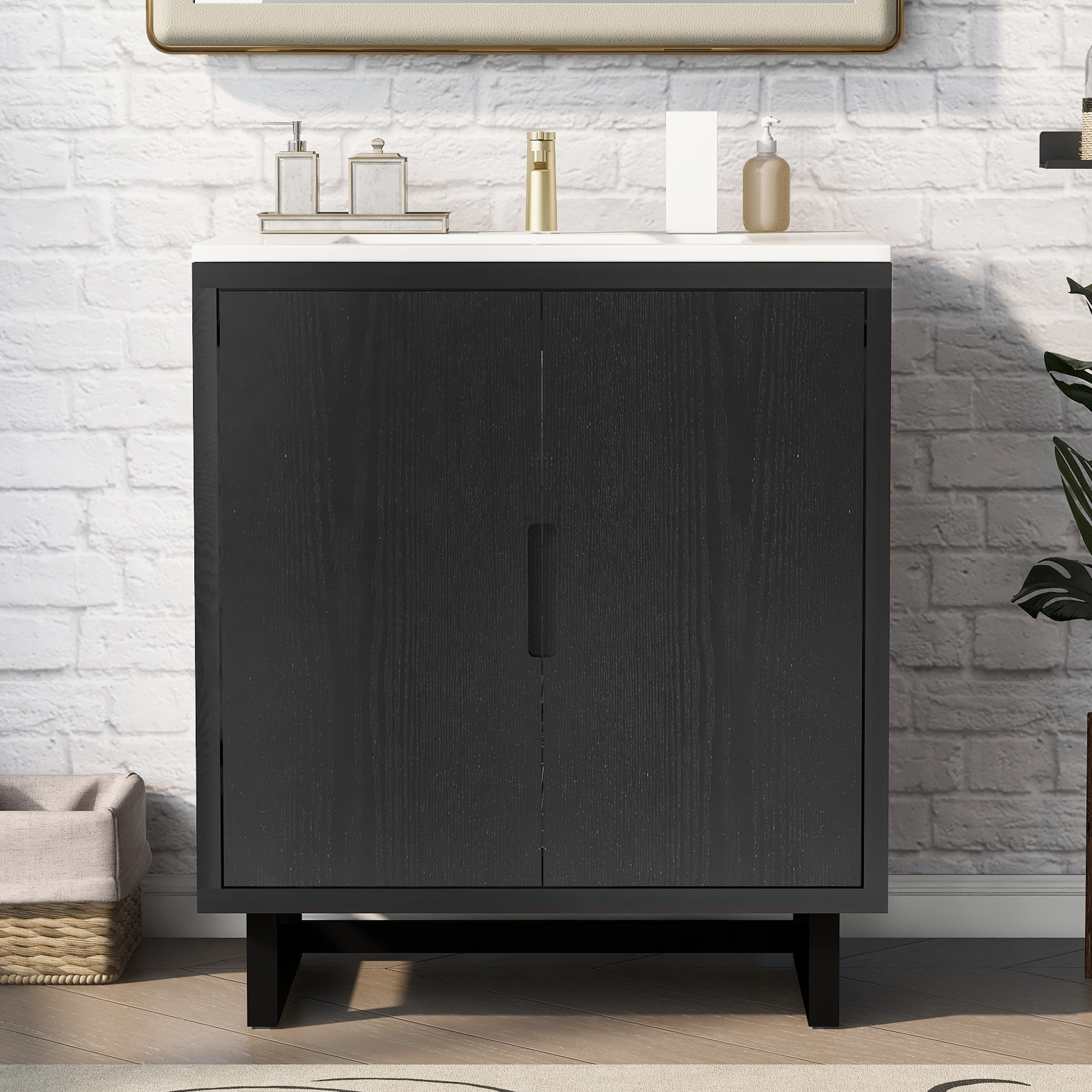 Meuble-lavabo 30po avec bassin, rangement, pieds bois massif