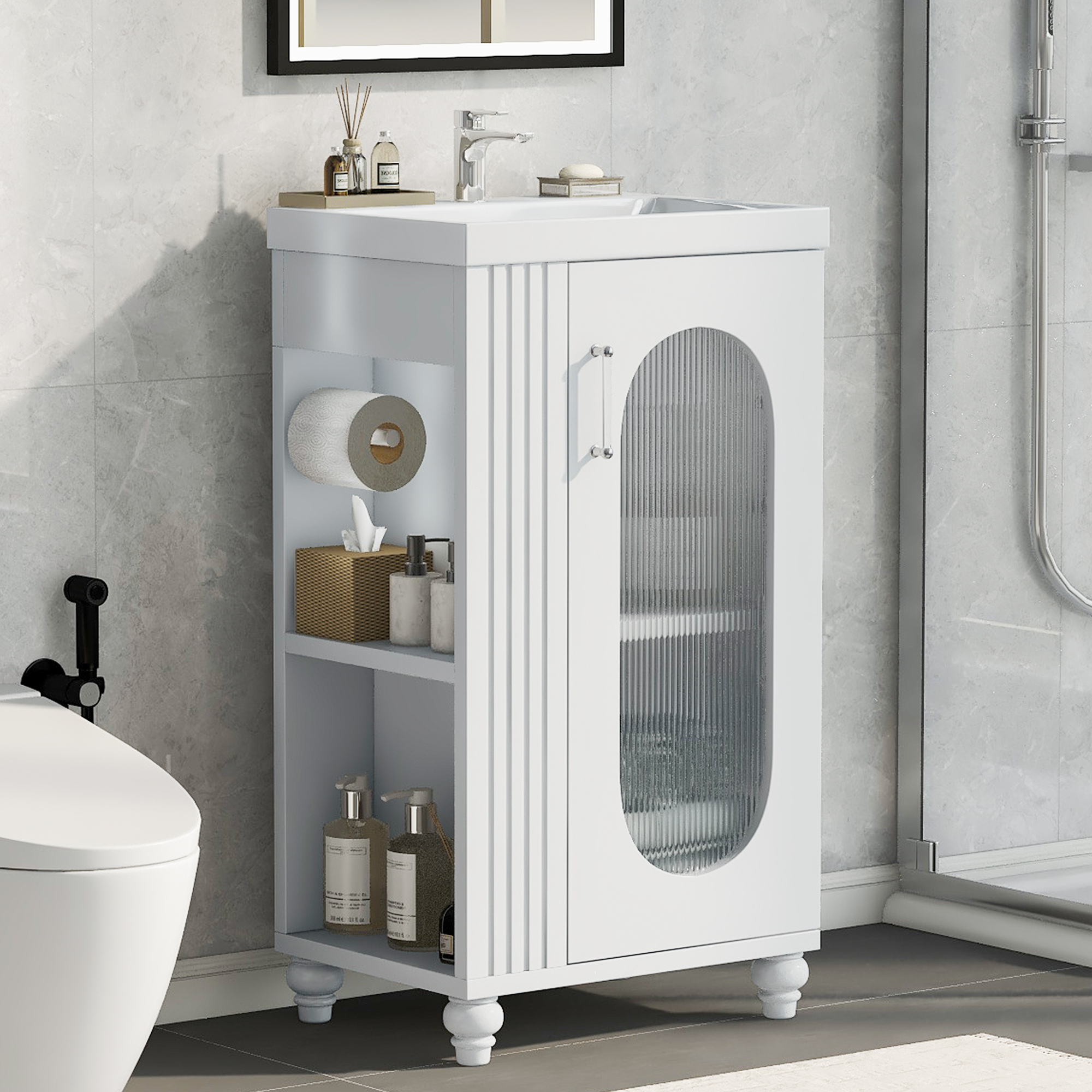 Vanité salle de bain 20", lavabo, étagère ajustable, blanc