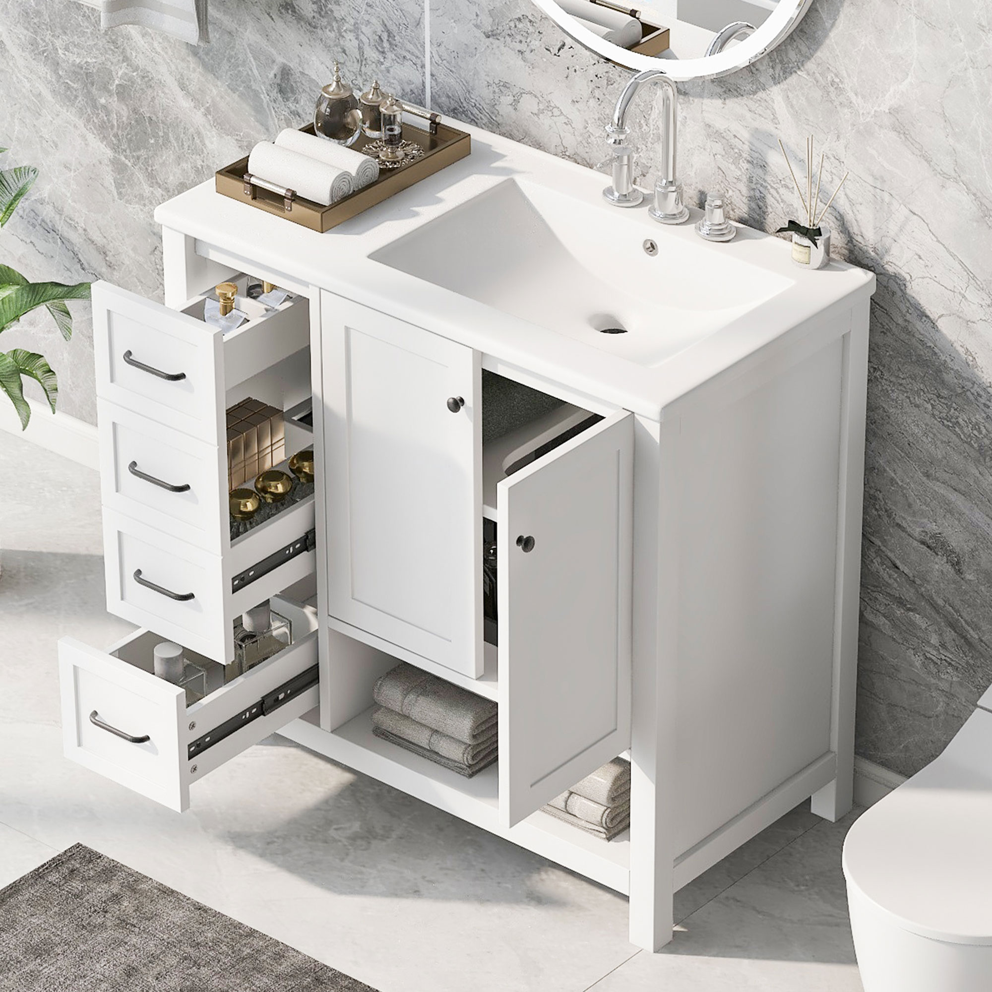 Meuble lavabo 36'', évier, 2 portes, 2 tiroirs, blanc