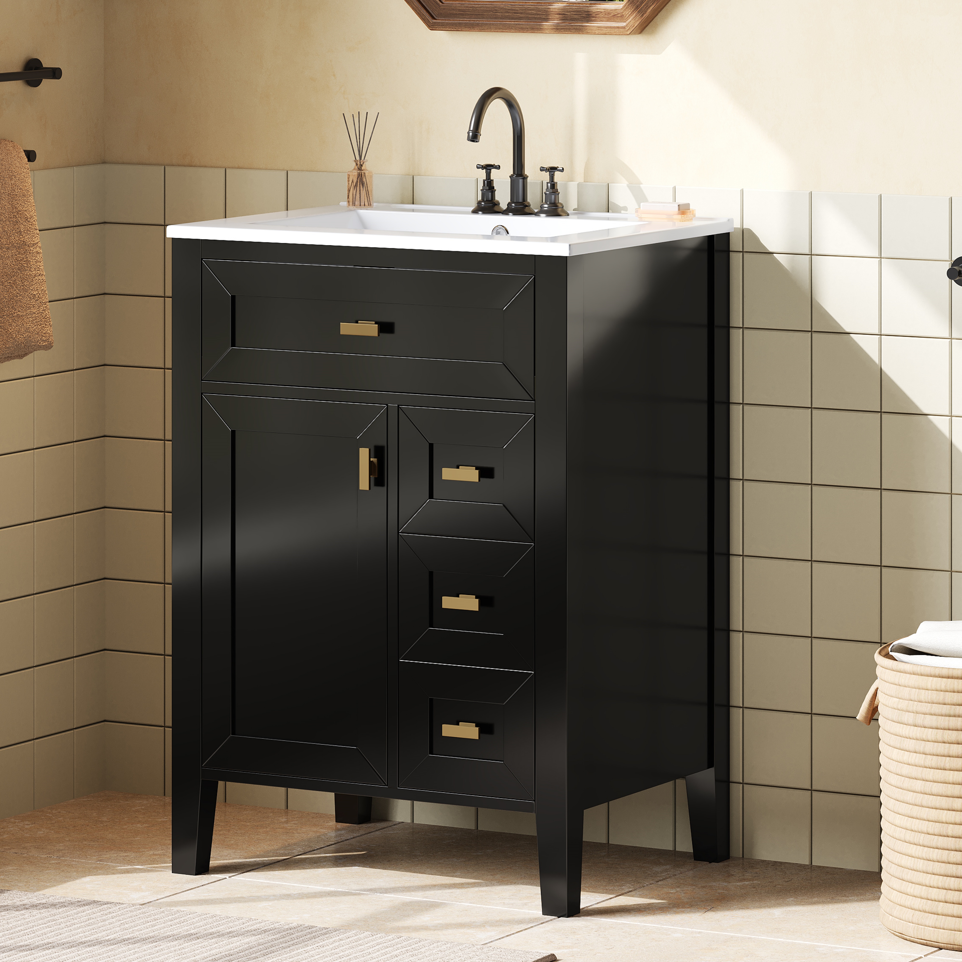 Vanité salle de bain 24po noire, 3 tiroirs, moderne