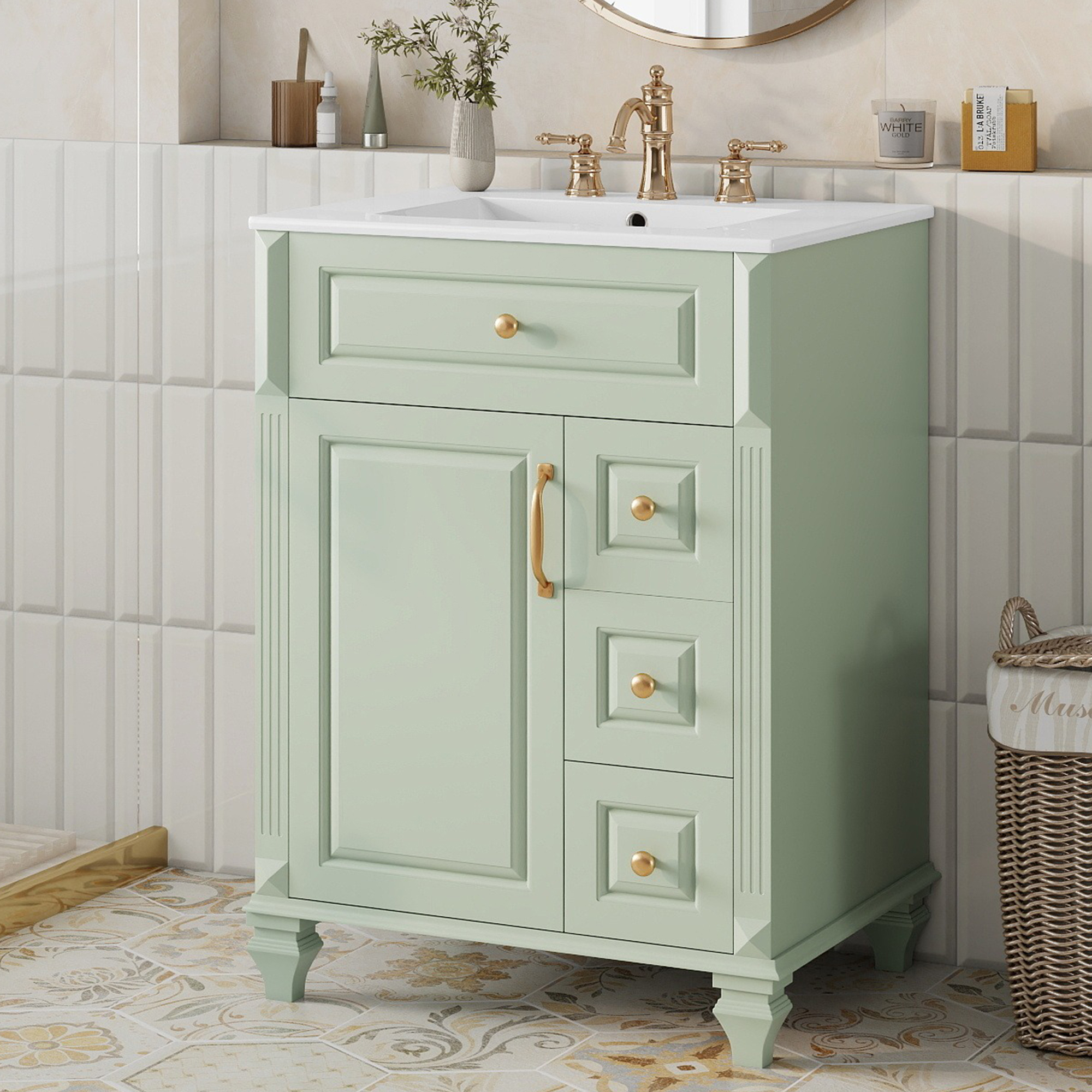 Vanité salle bain 24po, vert, 3 tiroirs, bois/MDF, céramique