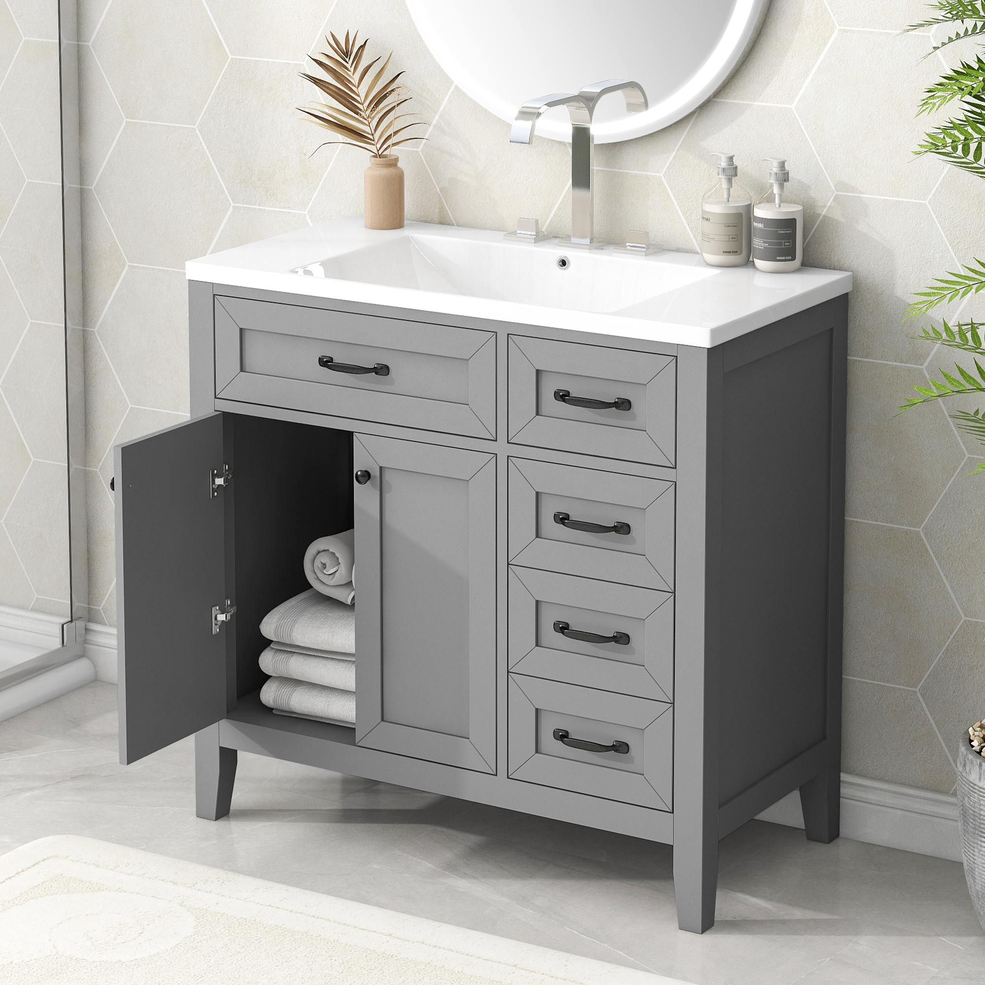 Vanité salle bain 36 po lavabo tiroirs gris JL000007AAE