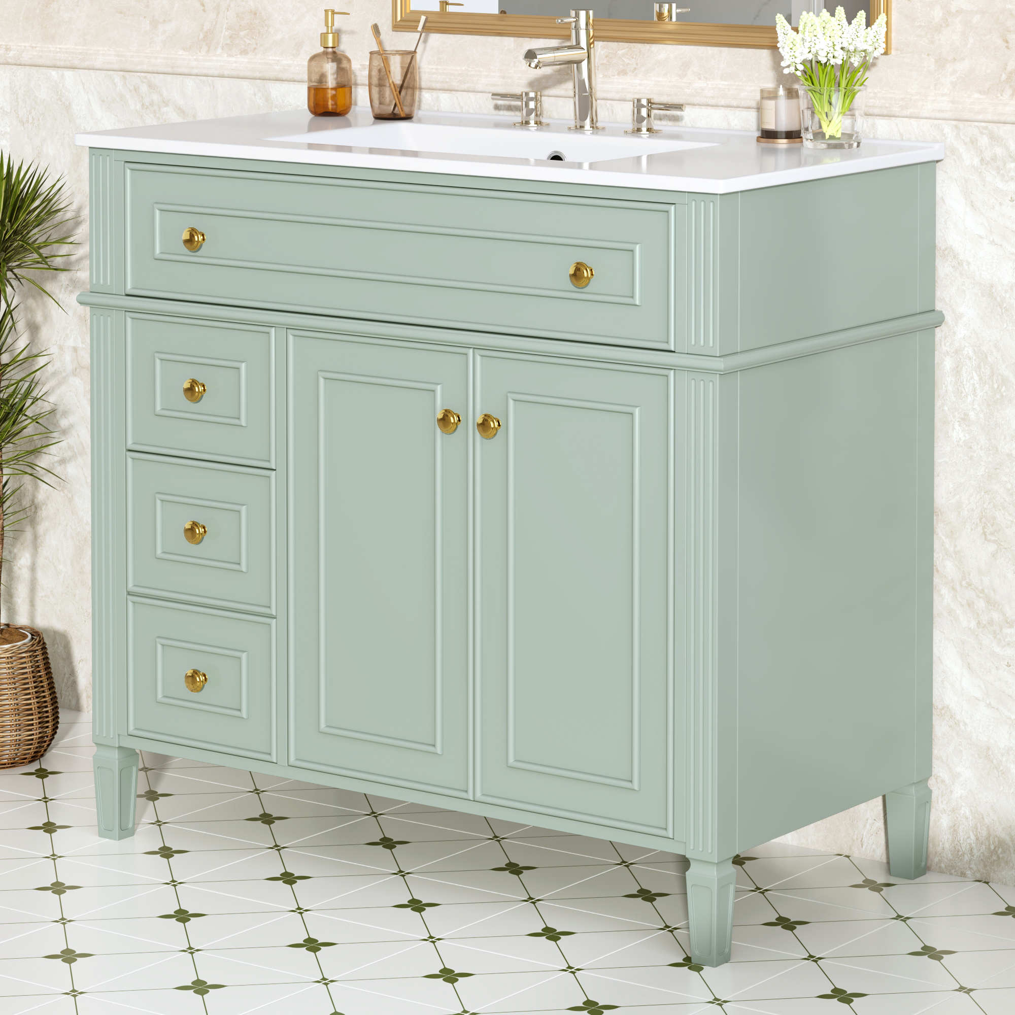 Vanité salle bain 36 po, bois vert, tiroir rabattable, poignées or, SKU N725P366468G