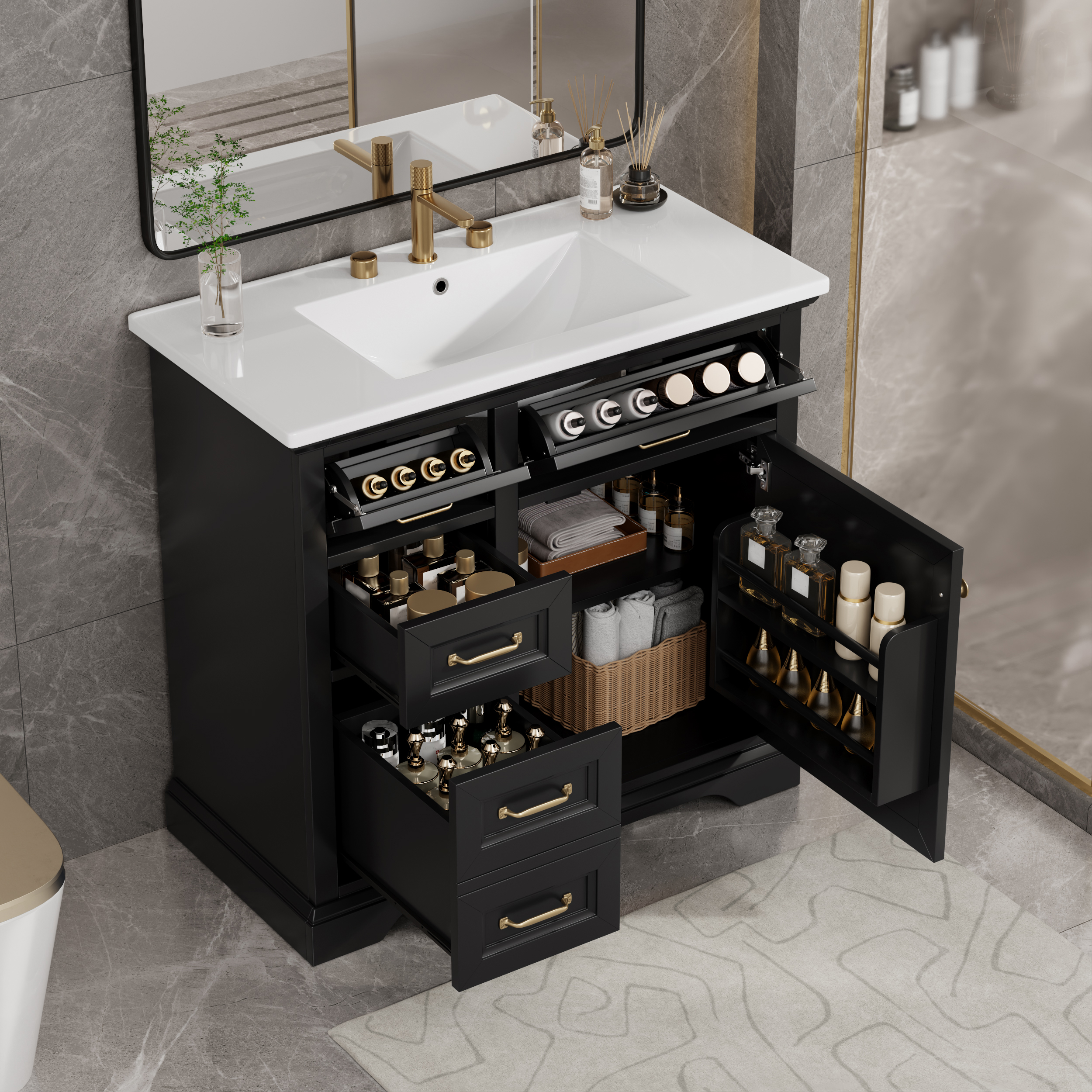 Vanité 36" noir 4 tiroirs 1 porte céramique 8" trou