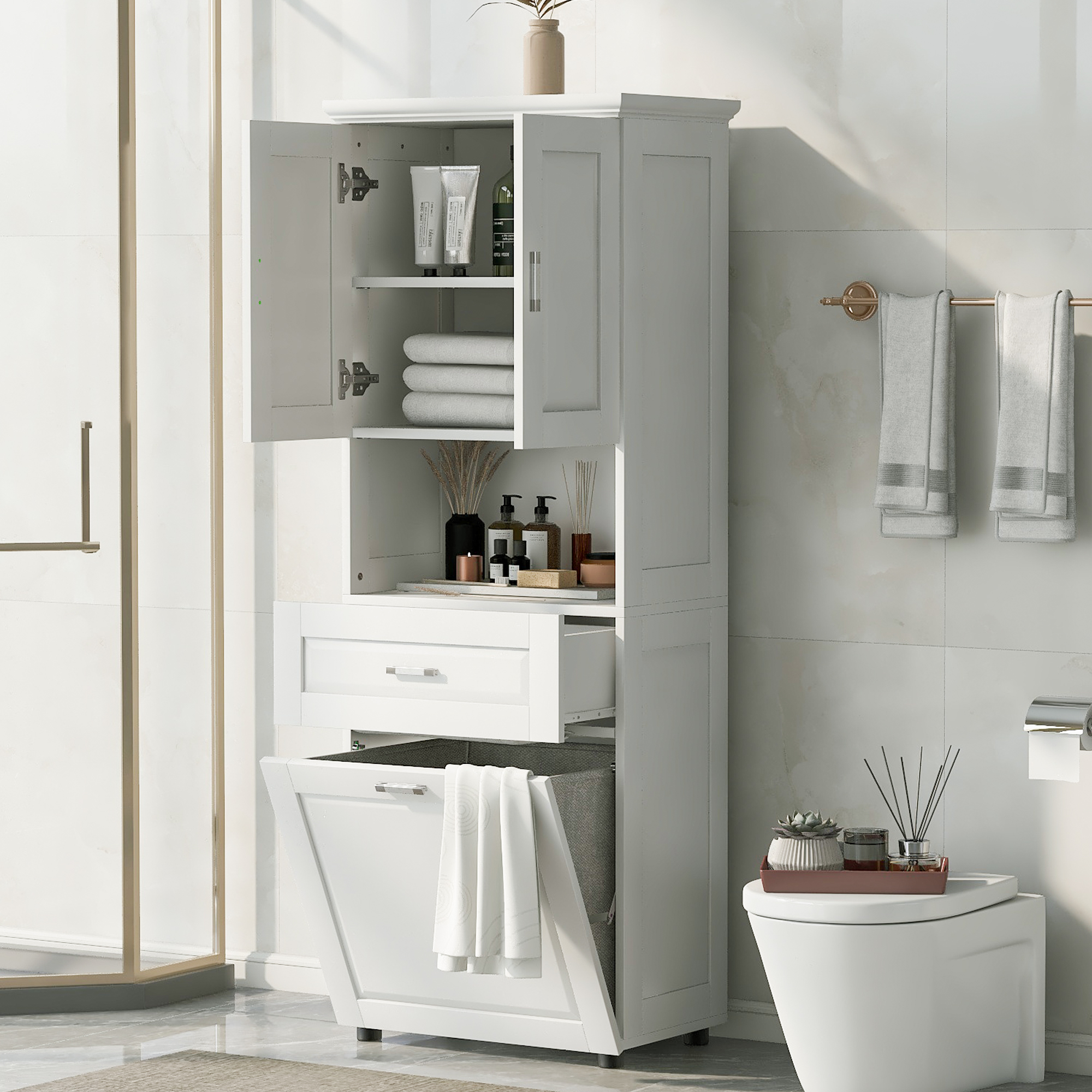 Meuble salle de bain haut, panier linge, rangement blanc