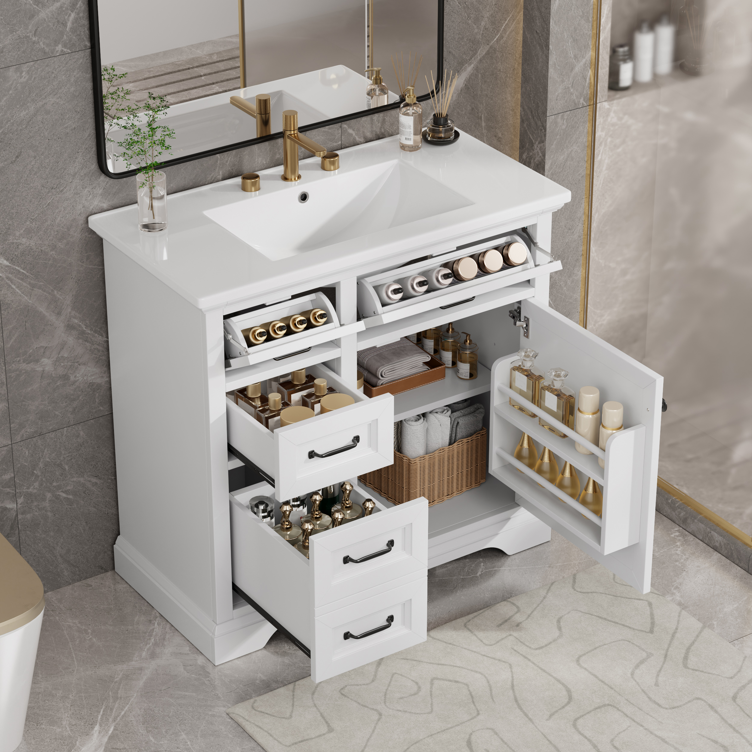 Vanité salle bain 36po, céramique, 4 tiroirs, blanc, trou 8po