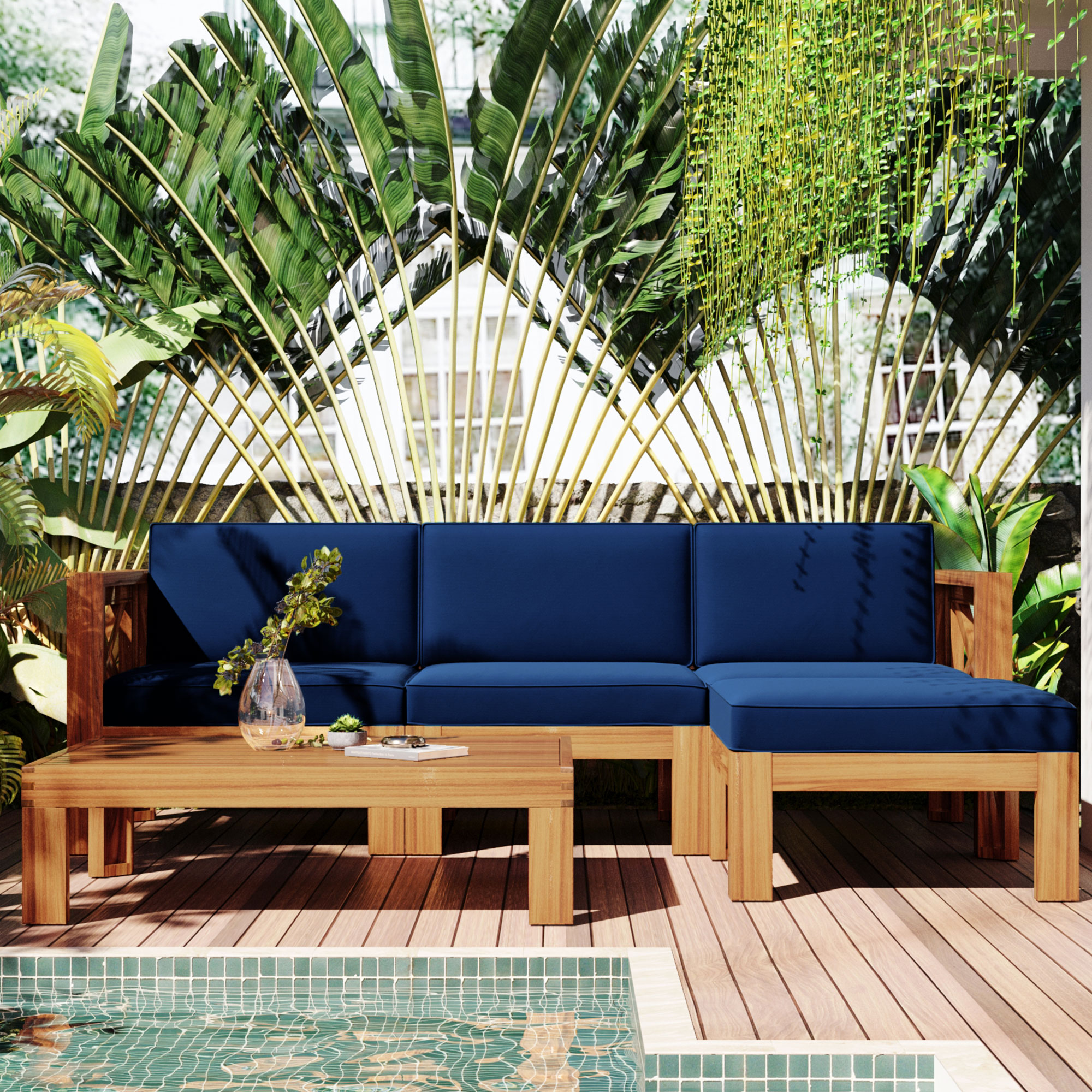 Ensemble sectionnel terrasse TOPMAX 5 pièces, bois, coussins bleus