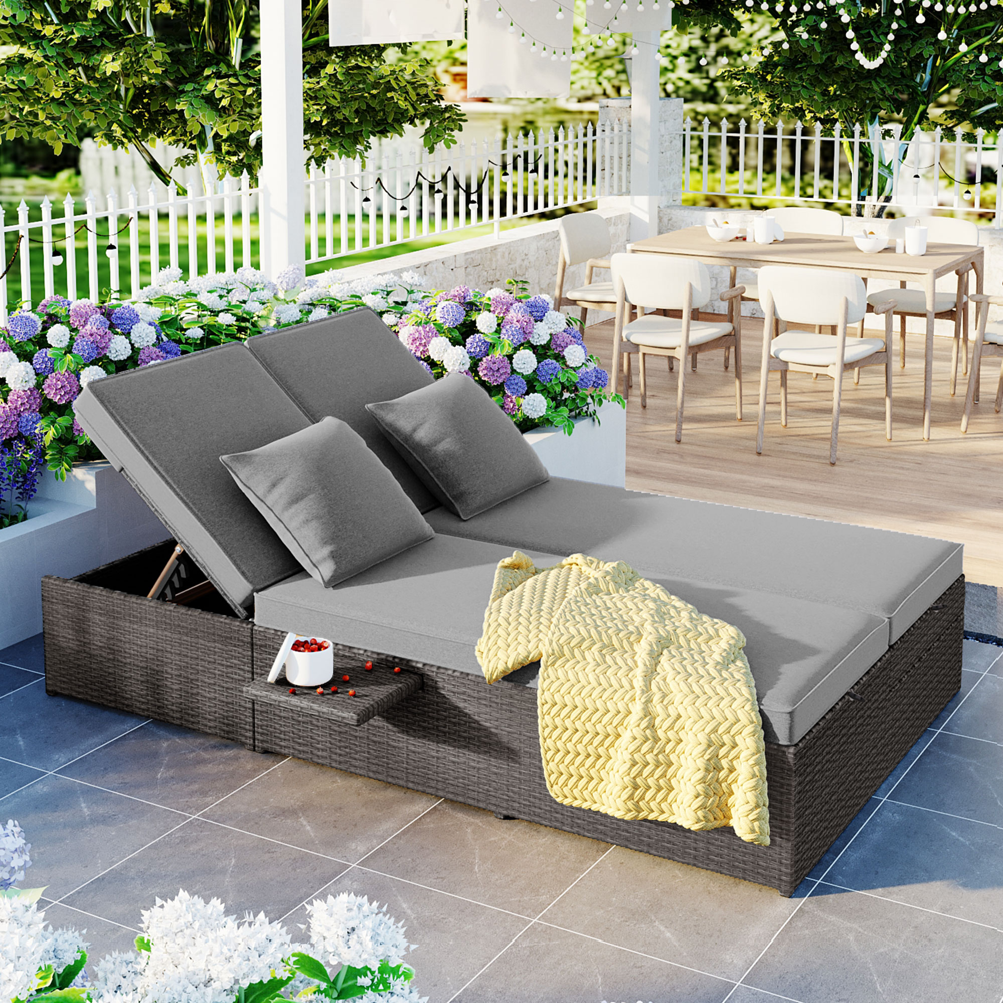 TOPMAX Lit double extérieur osier, dossier ajustable, gris