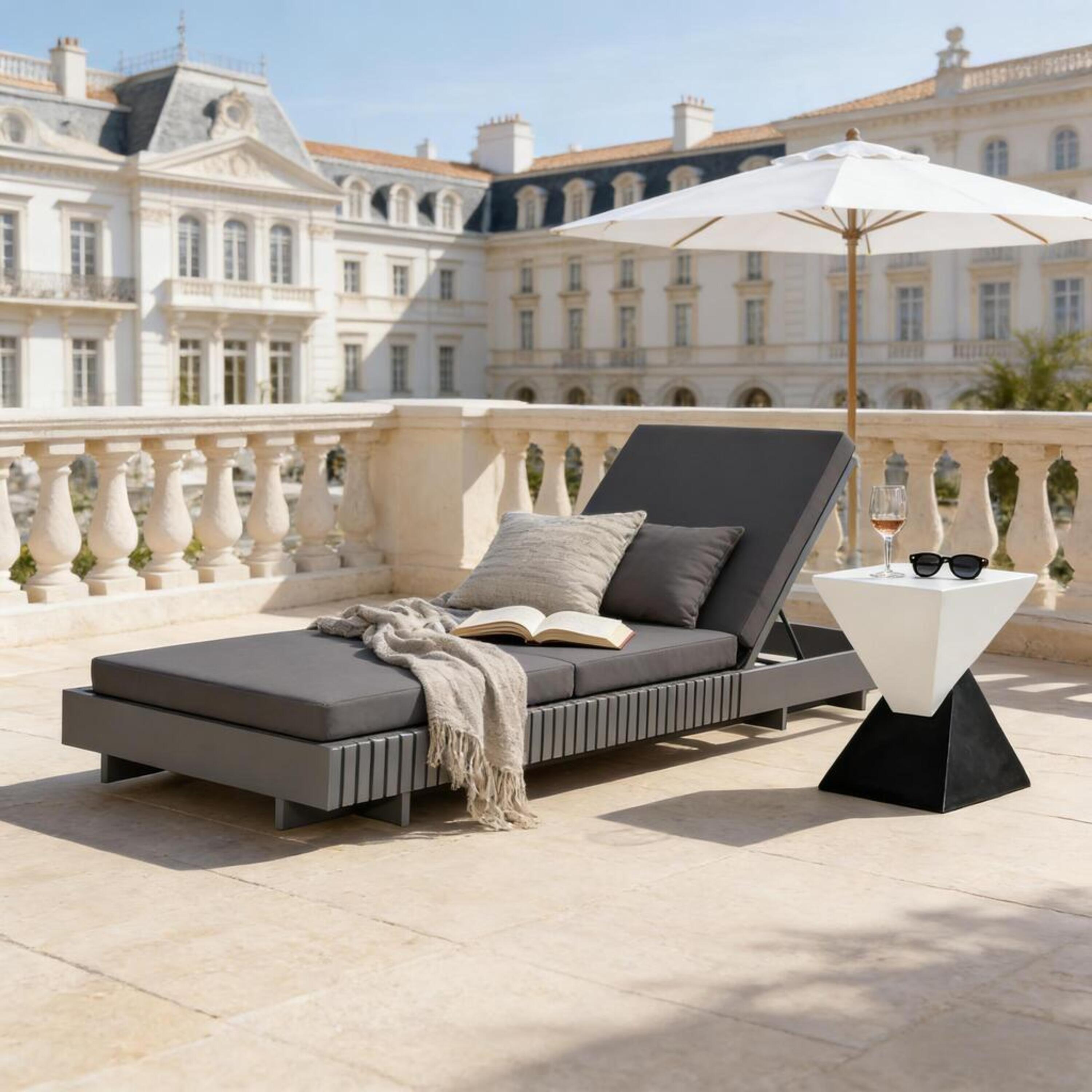 Chaise longue acacia gris coussins gris 3 plis 400lbs extérieur