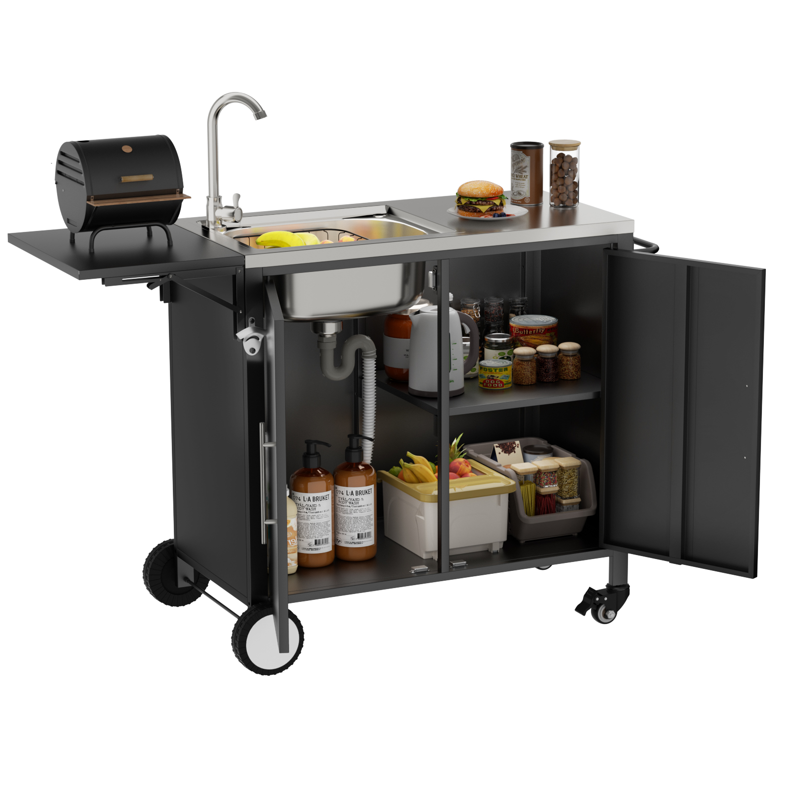 Table grill extérieur avec évier, îlot cuisine, portes repliables, roulettes