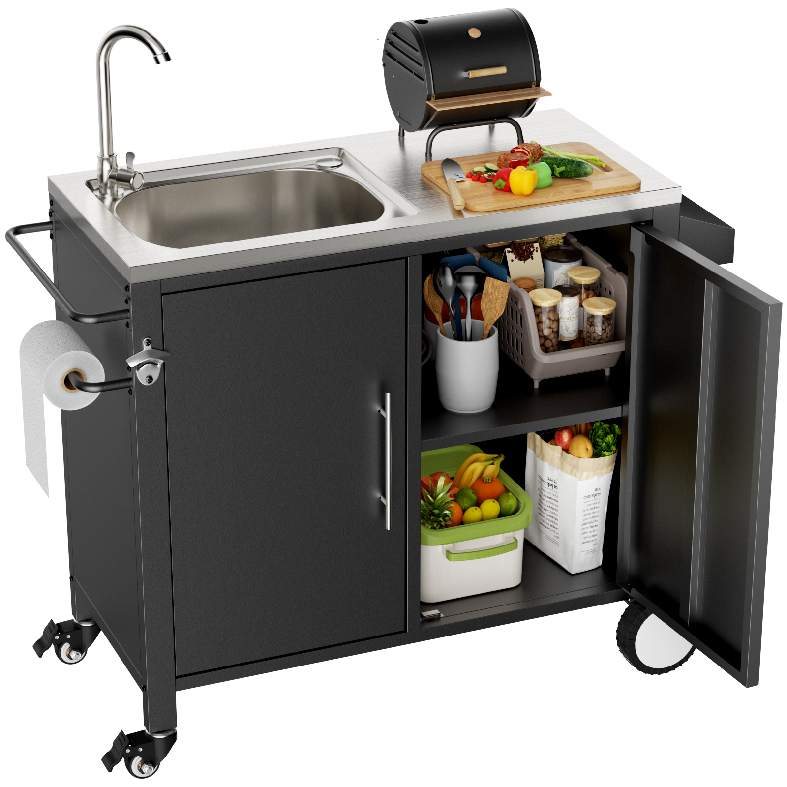 Table gril avec évier inox 304, chariot gril sur roues