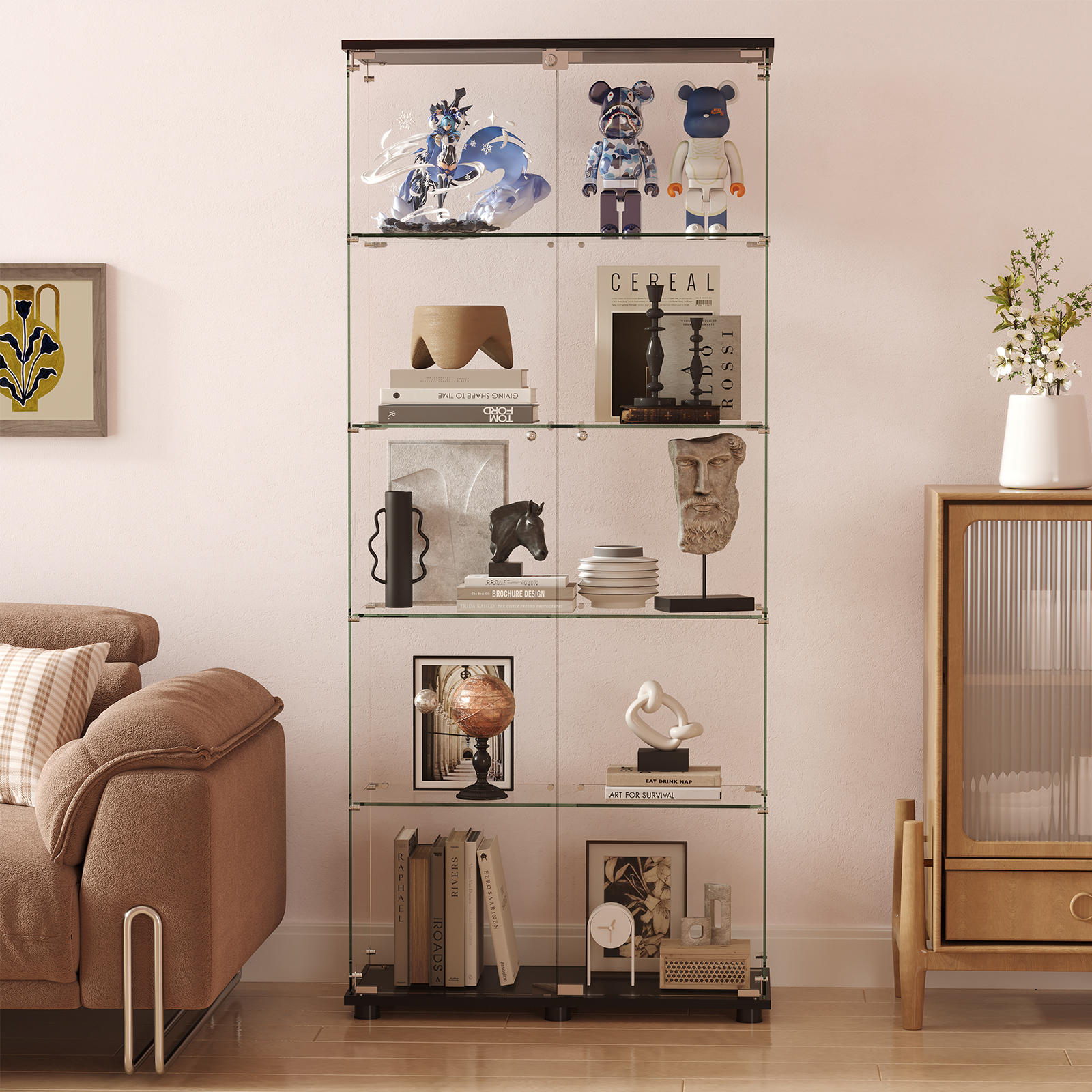 Armoire vitrée 5 tablettes portes doubles verrouillables verre trem