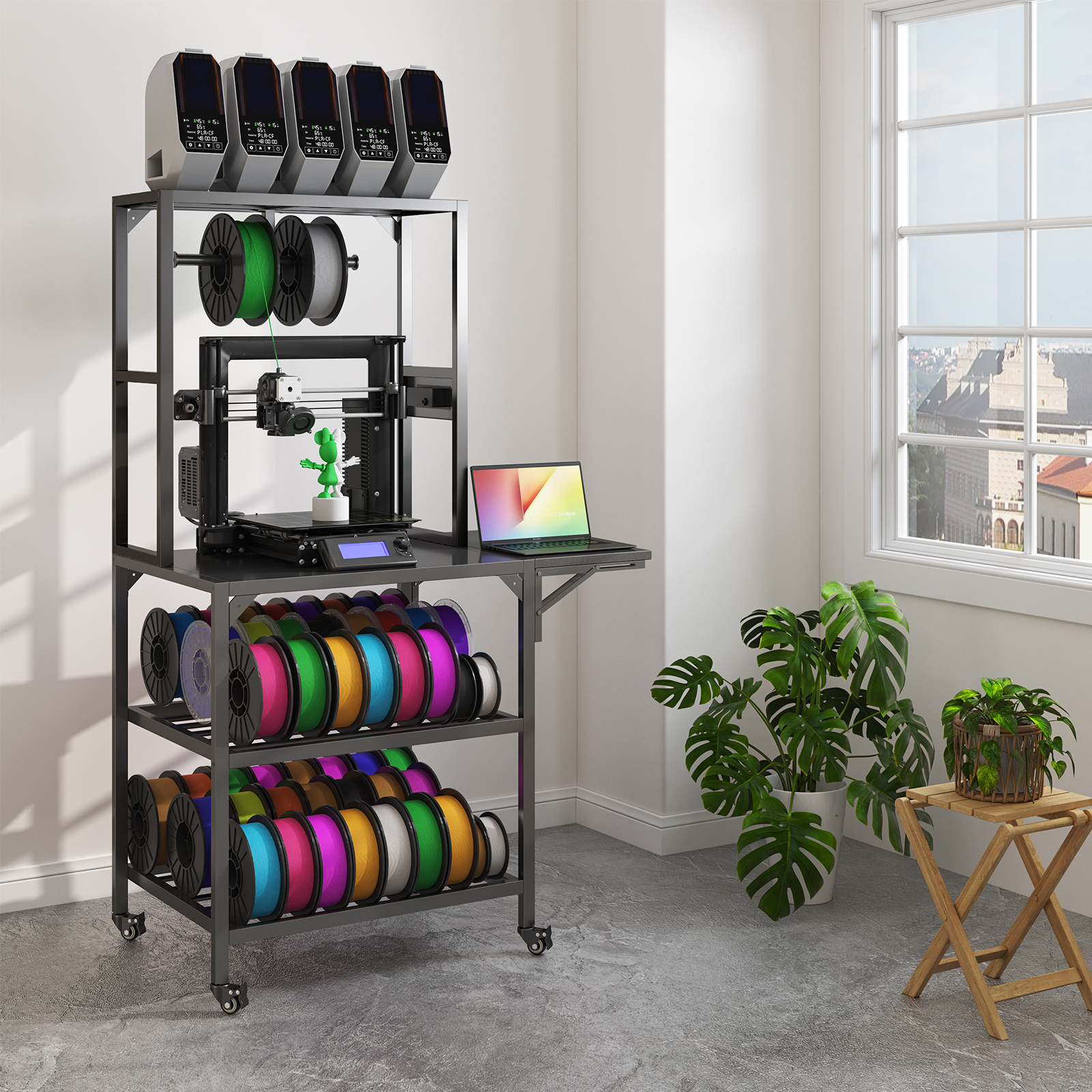 Table imprimante 3D lourde, rangement filament, roulettes