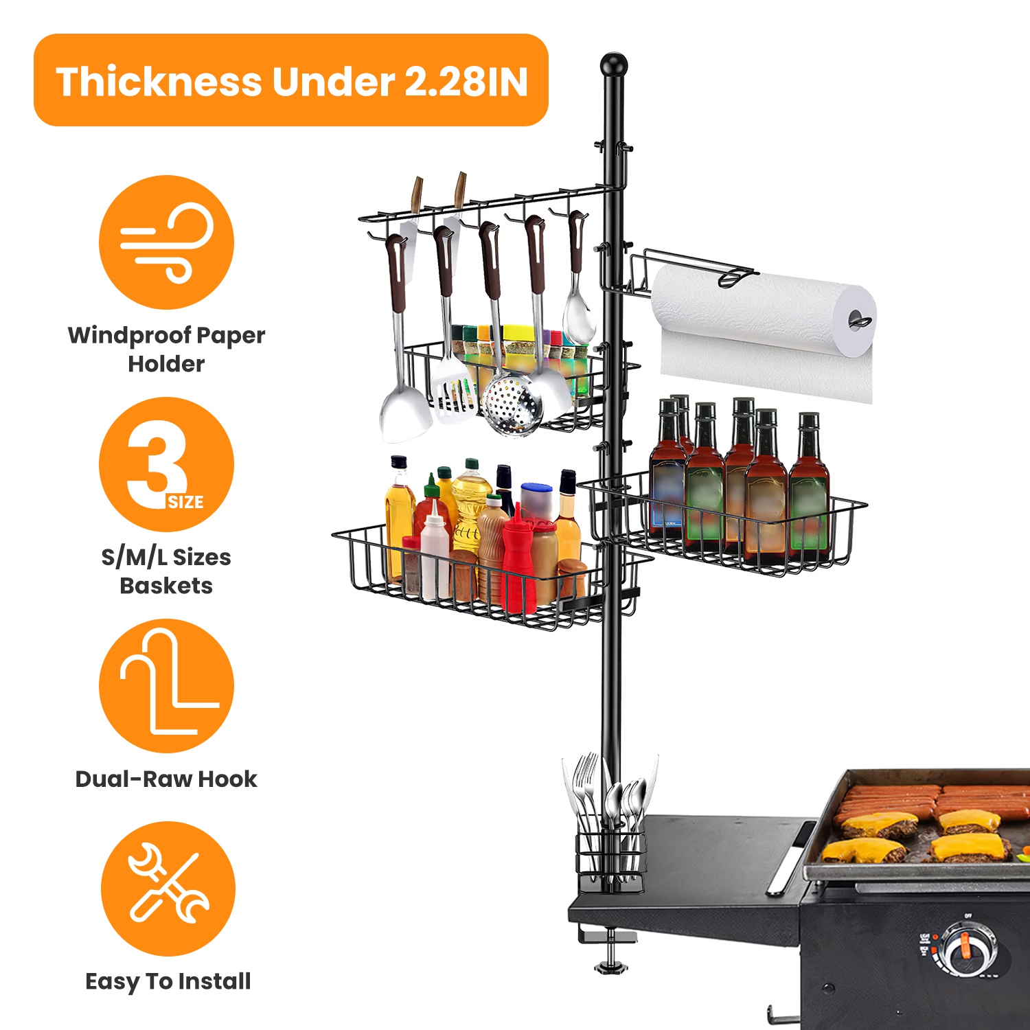 Caddy rangement BBQ debout grand format avec organisateur grille, noir