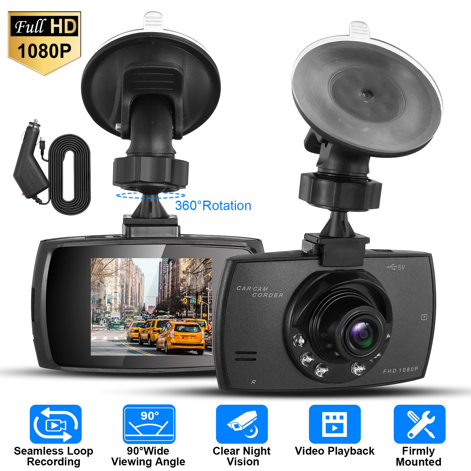 DVR auto Full HD 1080P 90° vision nocturne boucle 32G