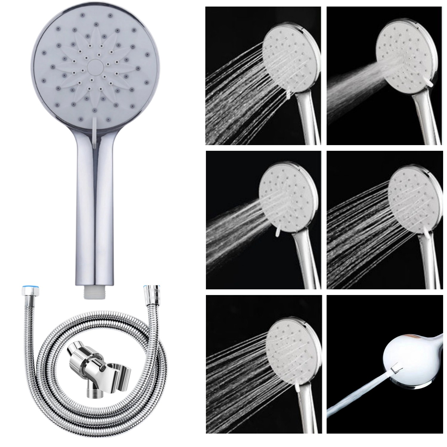 Pomme douche haute pression 6 modes tuyau 1,5M connecteur