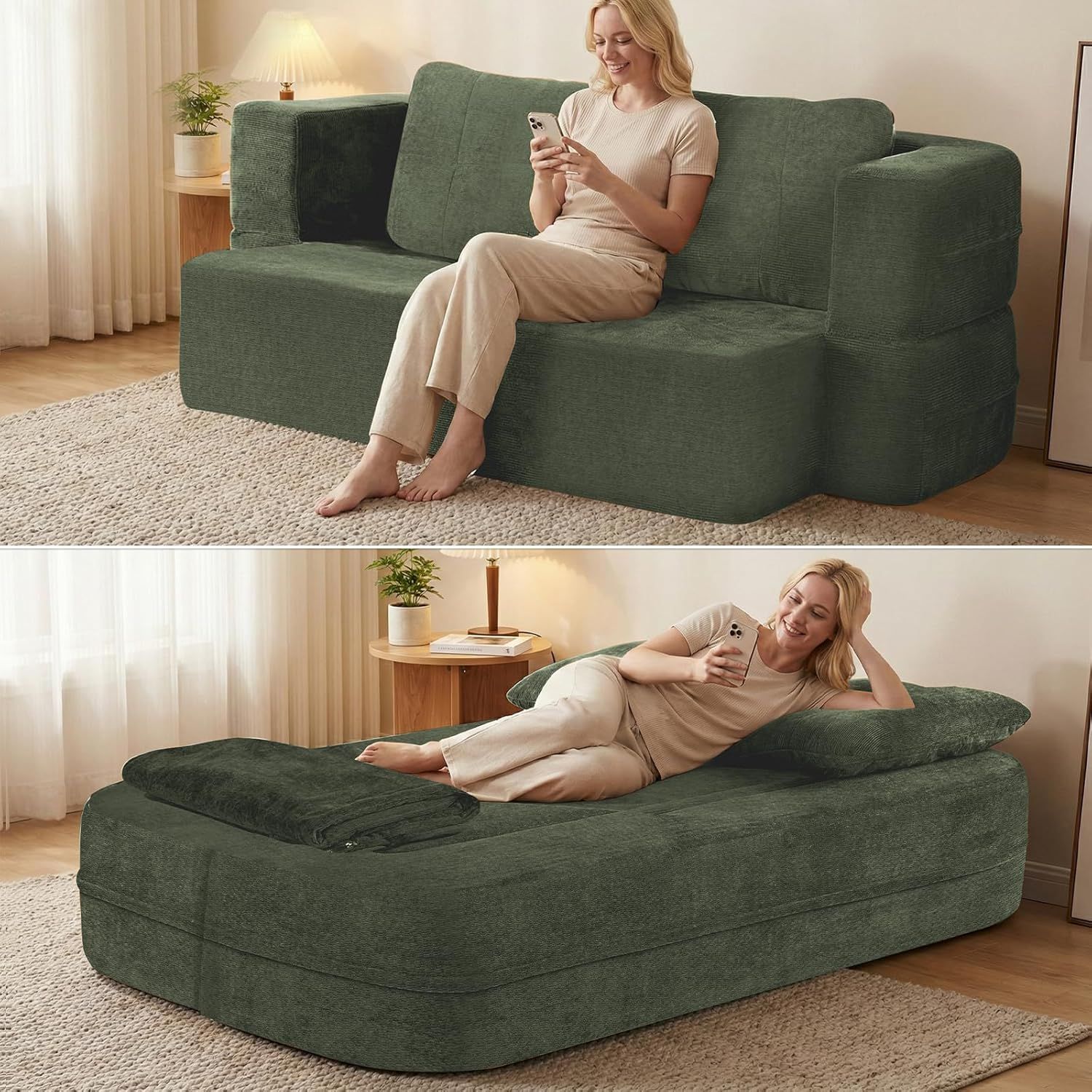 Canapé lit convertible couverture nuage queen tissu modulable vert mousse dense