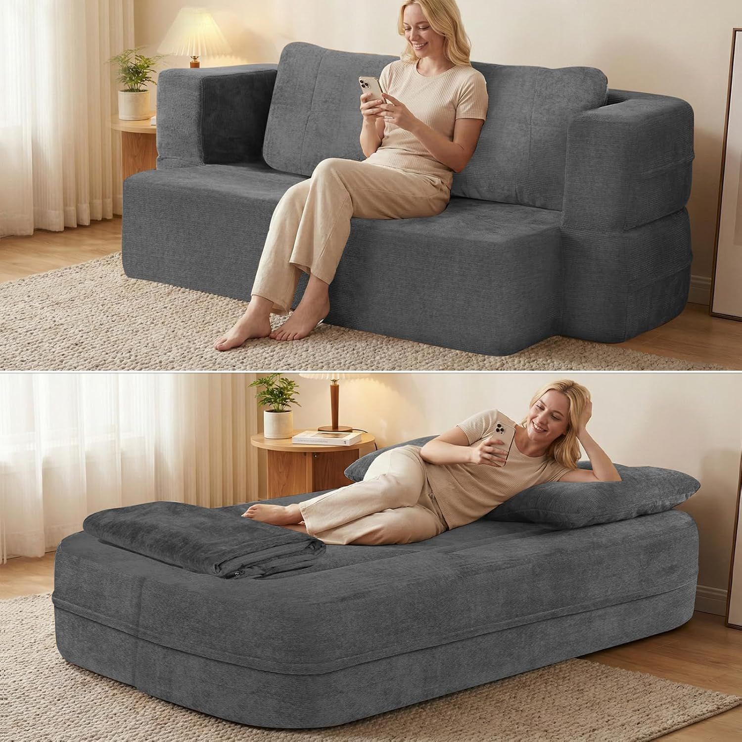 Sofa lit convertible cloud gris, sans assemblage reine