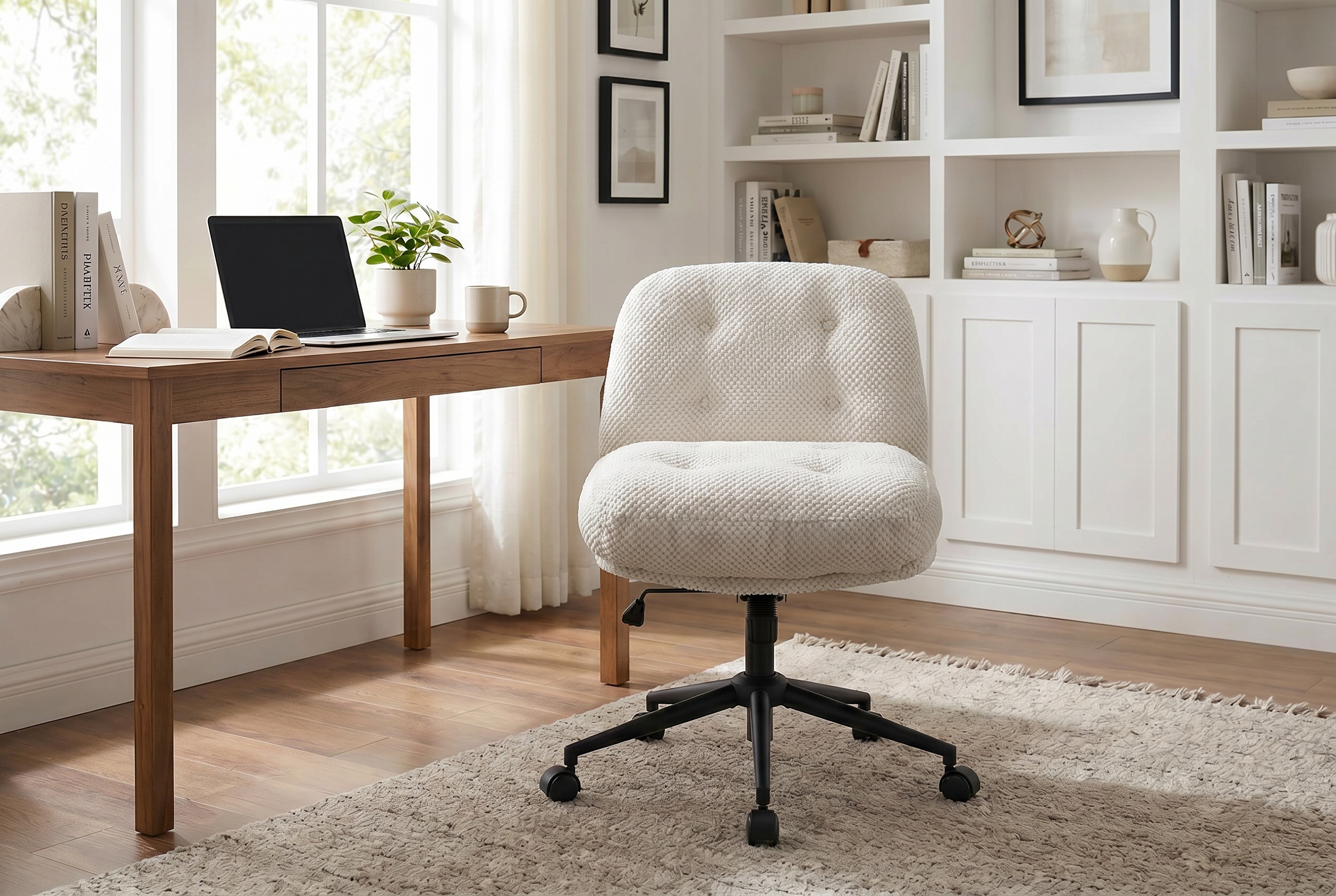 Chaise bureau jambes croisées sans bras, blanc, pivotant