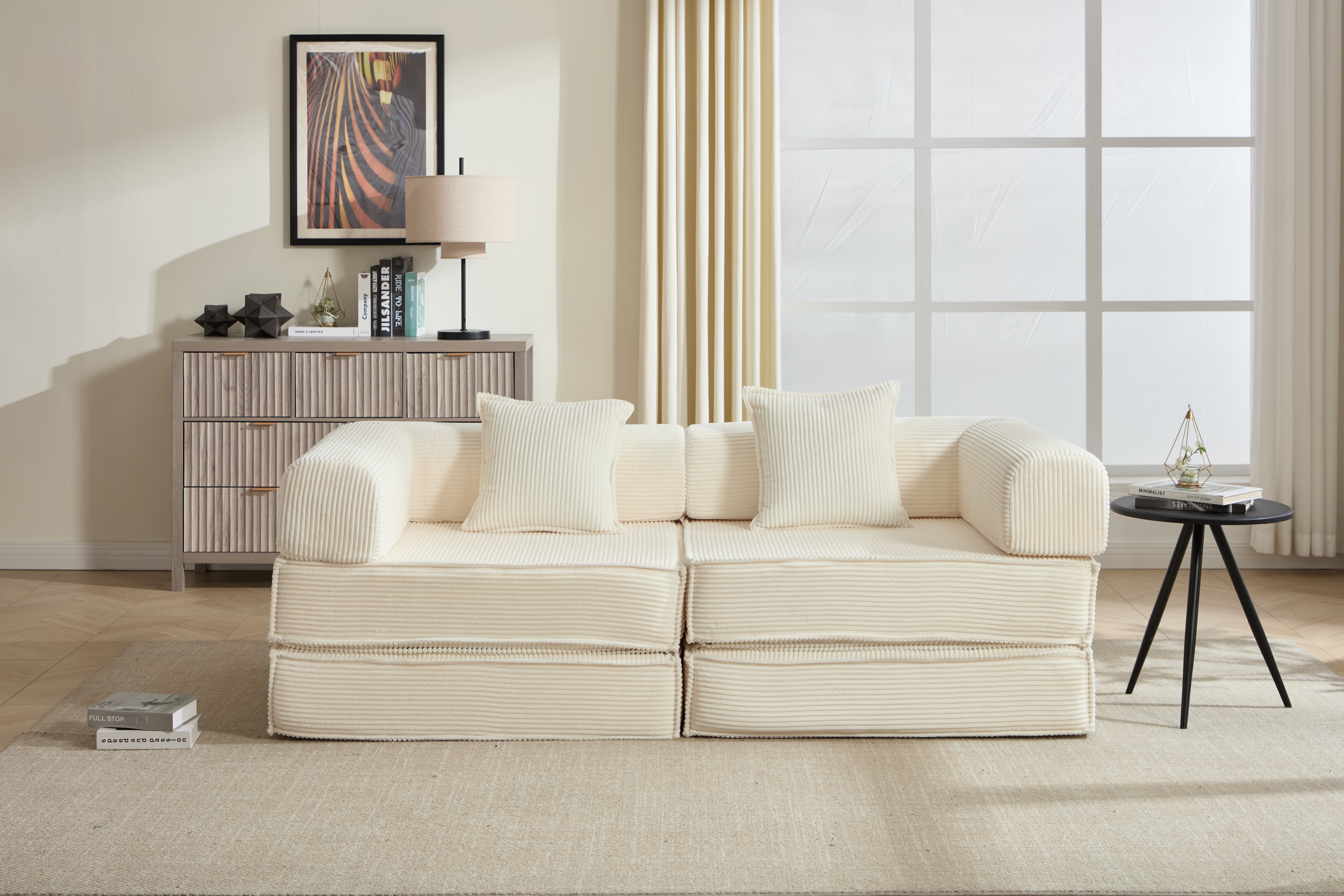 Causeuse convertible 78 po, modulaire velours côtelé beige, 2 oreillers
