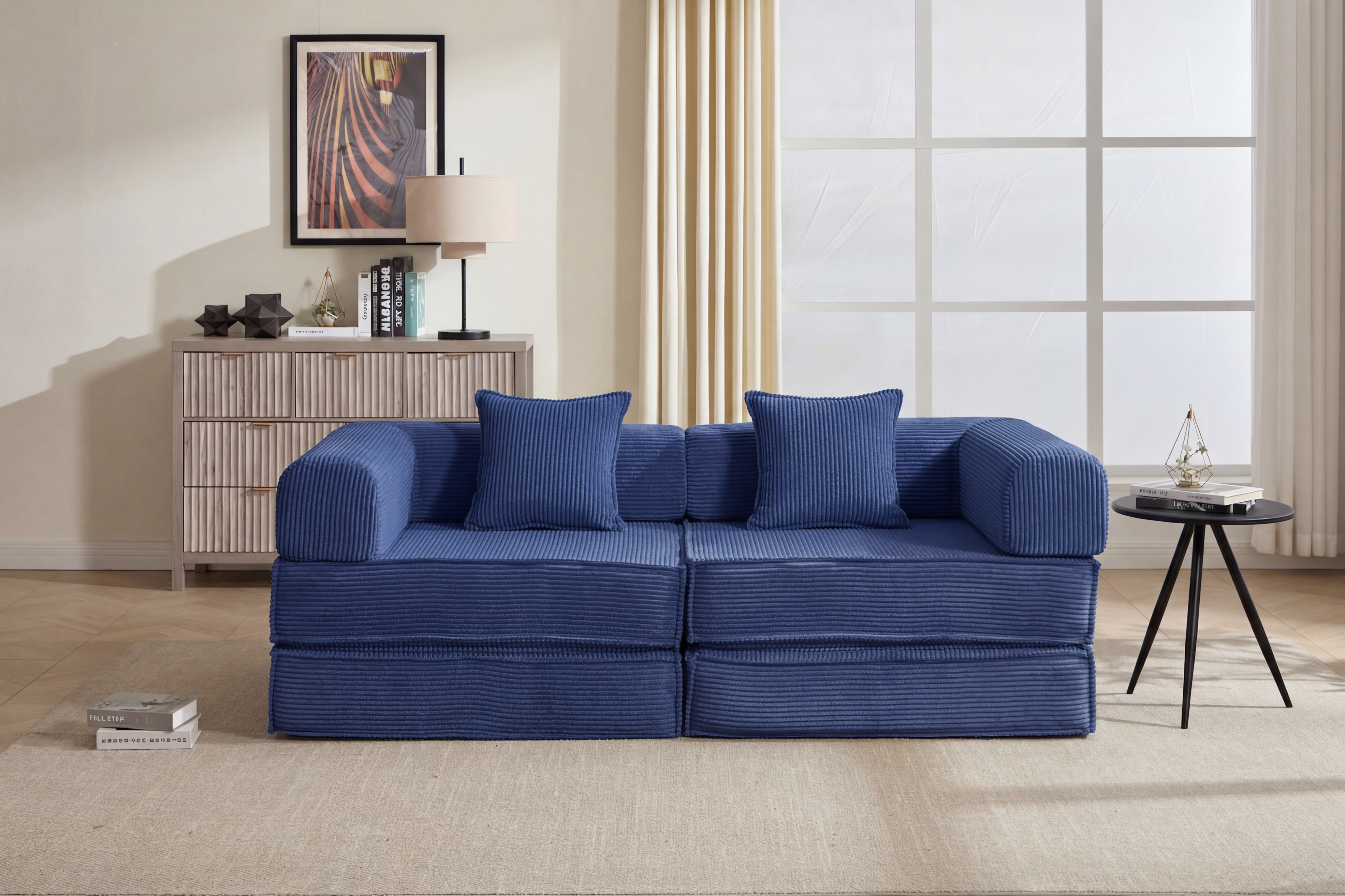 Causeuse convertible 78 po, modulaire velours côtelé bleu marin