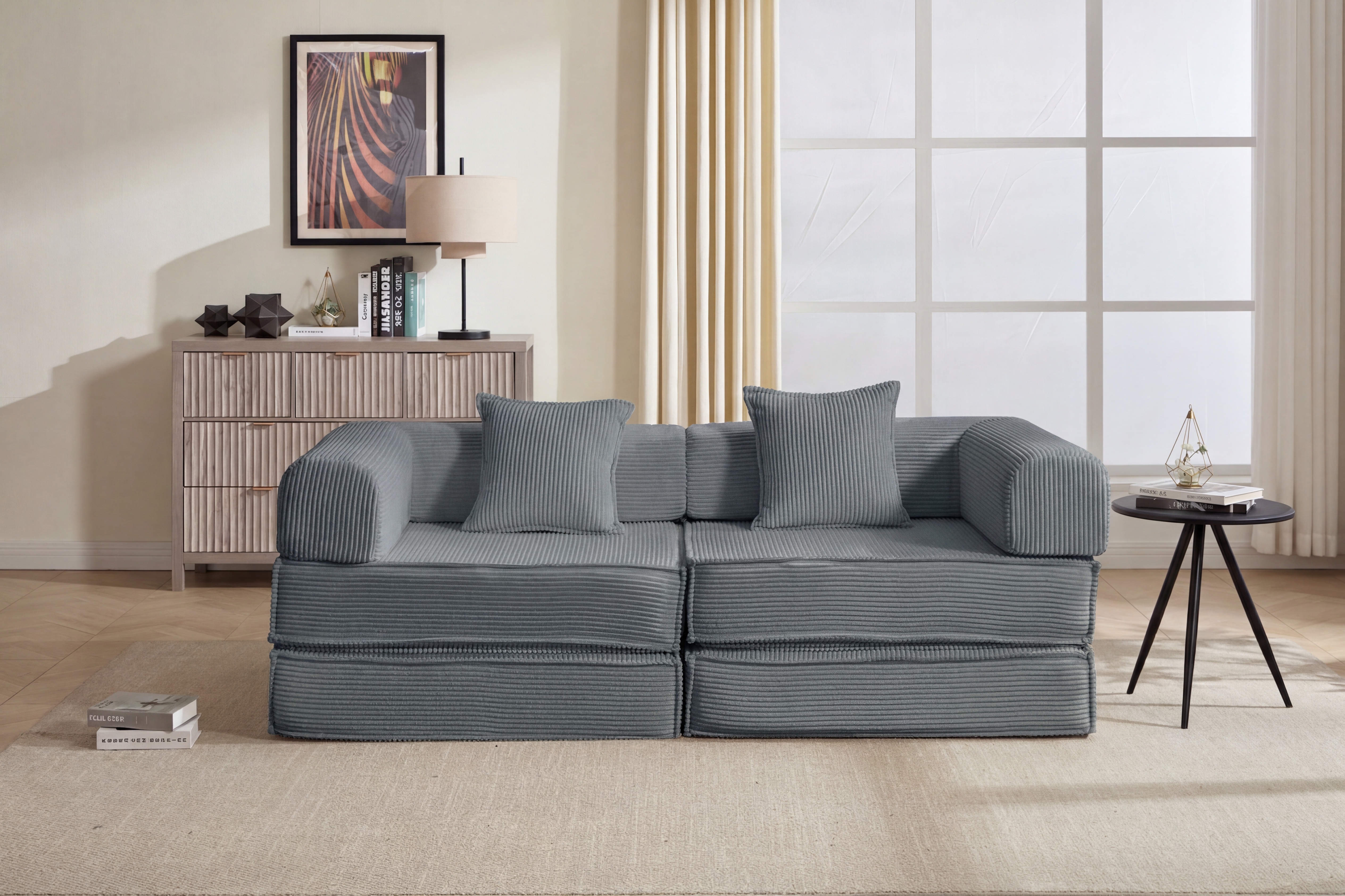 Causeuse convertible 78 po, modulaire velours côtelé gris, 2 oreillers