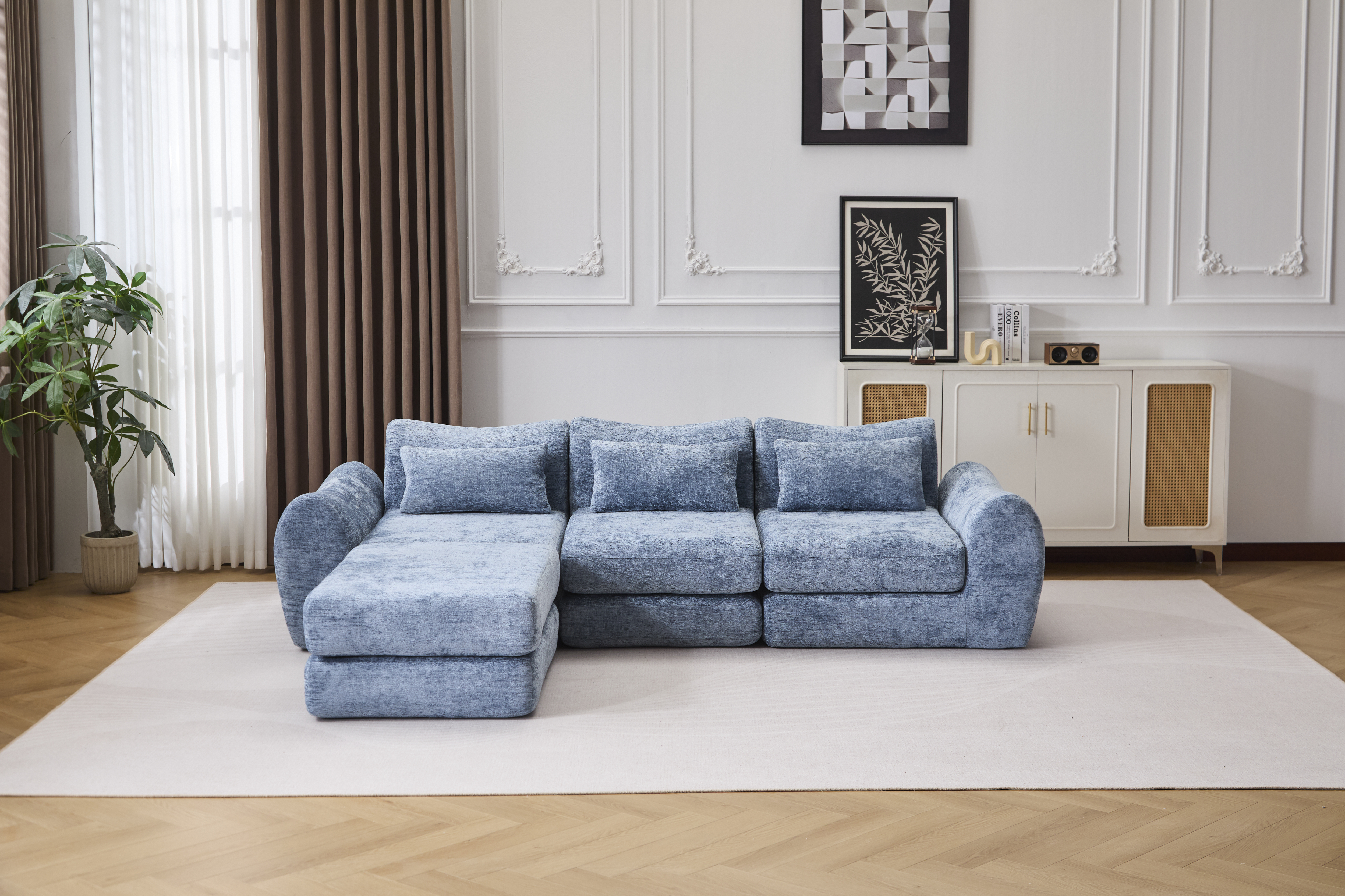 Sofa modulaire Wave Star pliable chenille bleu, ottoman