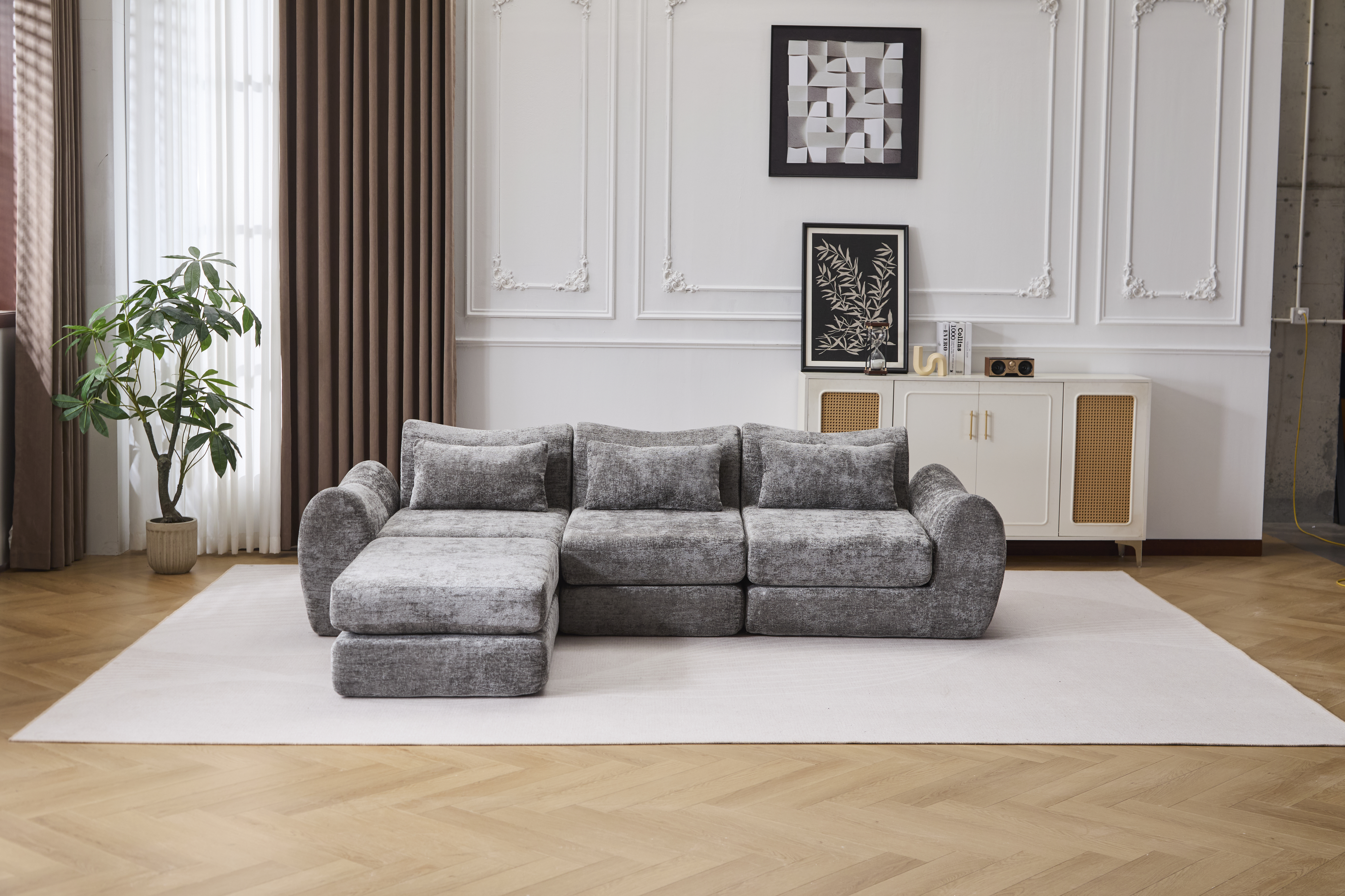 Sofa modulaire Wave Star pliable chenille gris, ottoman