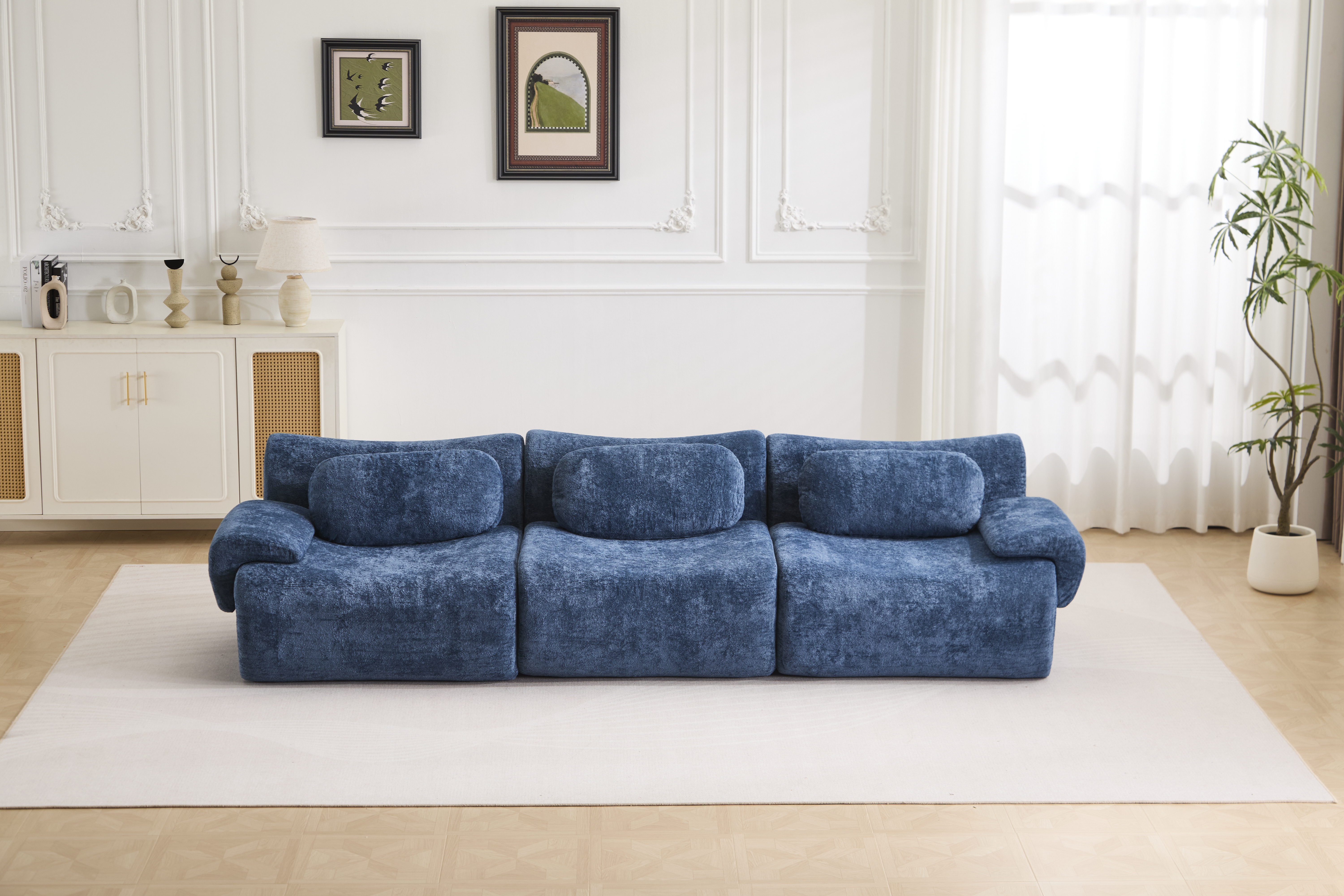 Sofa convertible compression onde velours lapin bleu