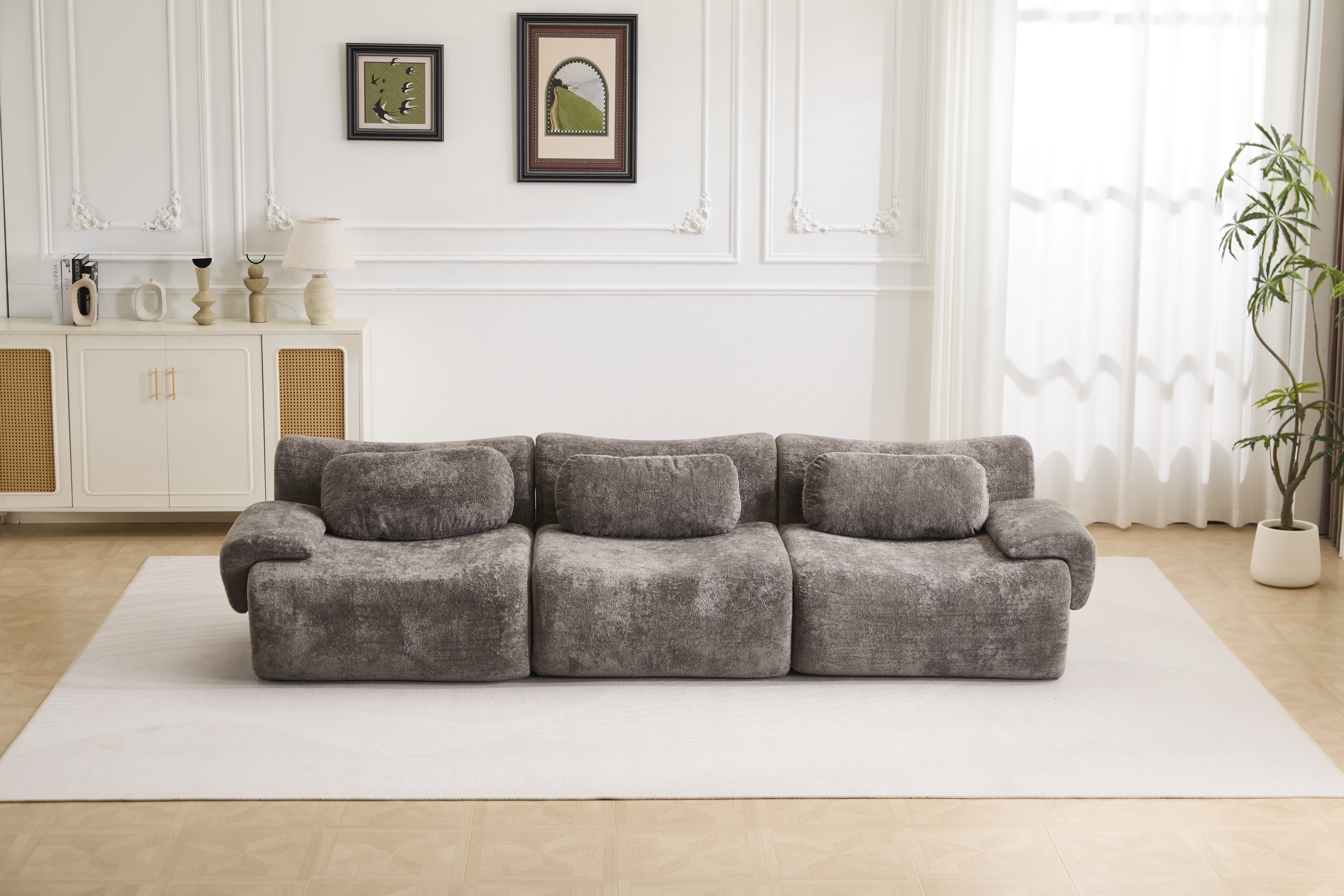 Sofa convertible onde compression, velours lapin, modulable, gris
