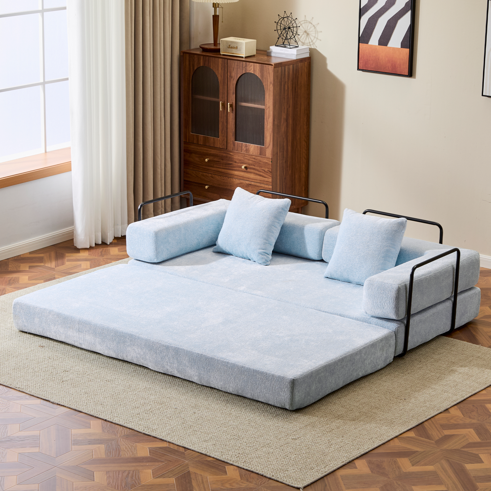 Canapé-lit convertible sol bleu clair, tissu chenille