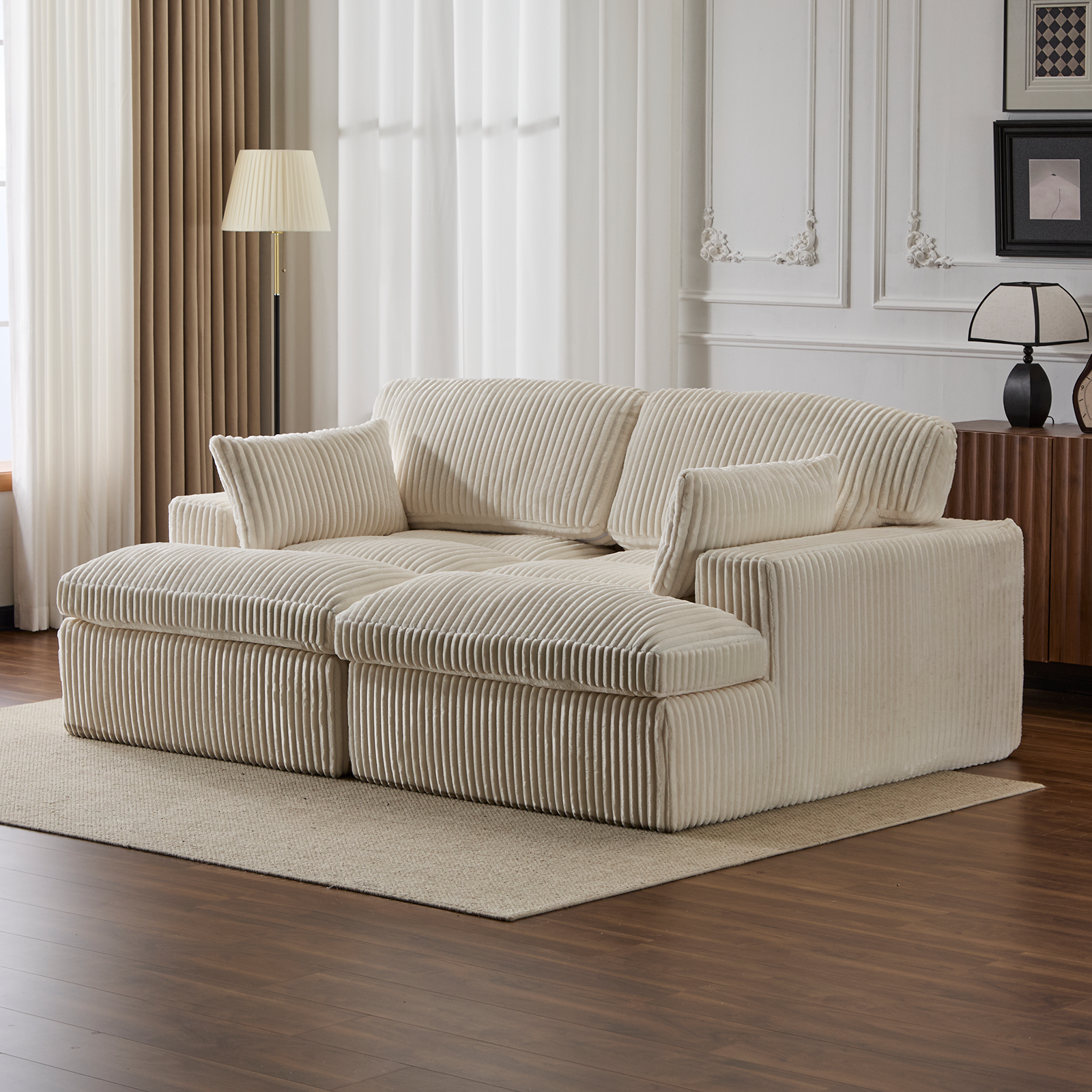Méridienne double oversized velours, canapé-lit luxe, blanc