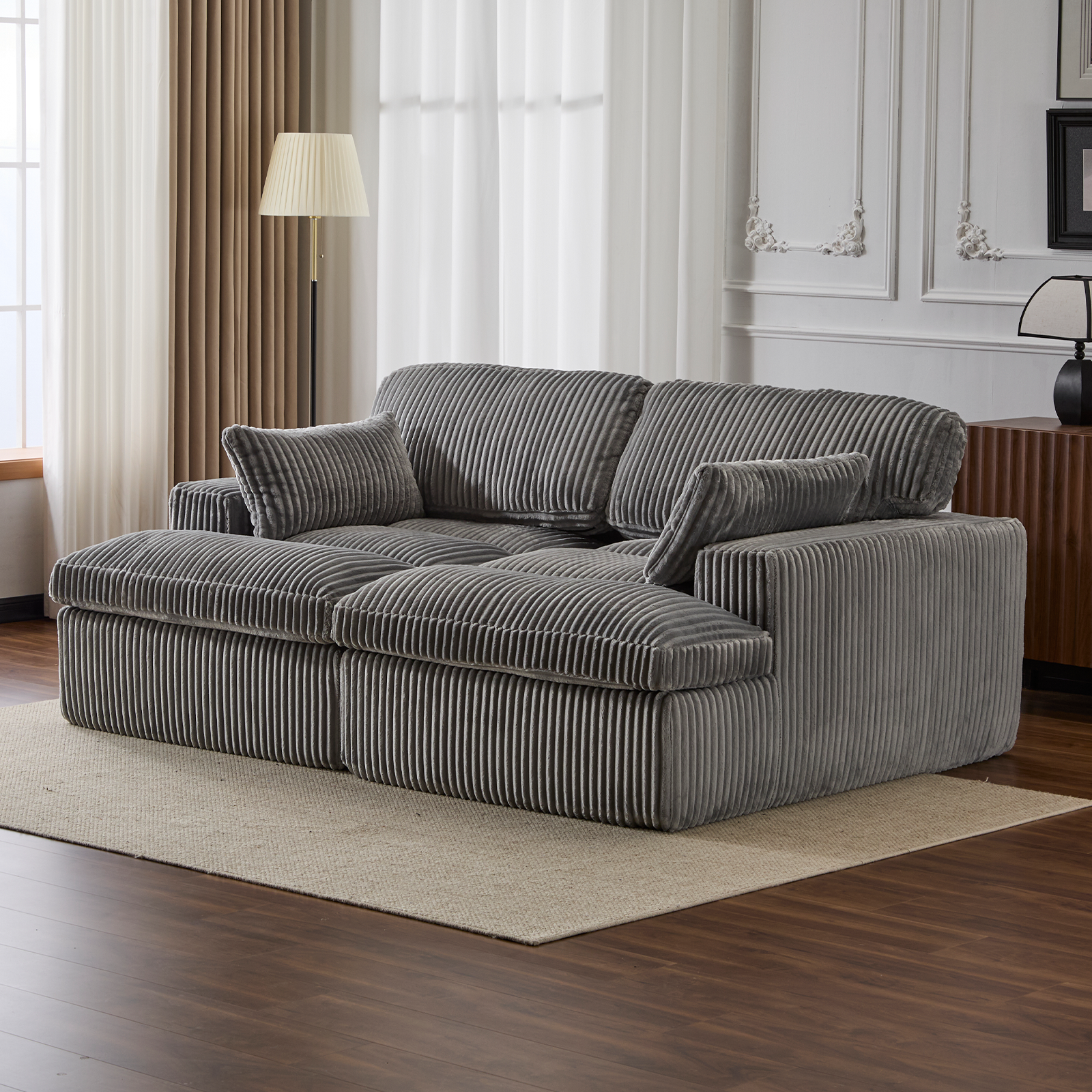 Méridienne double canapé-lit velours gris, luxe