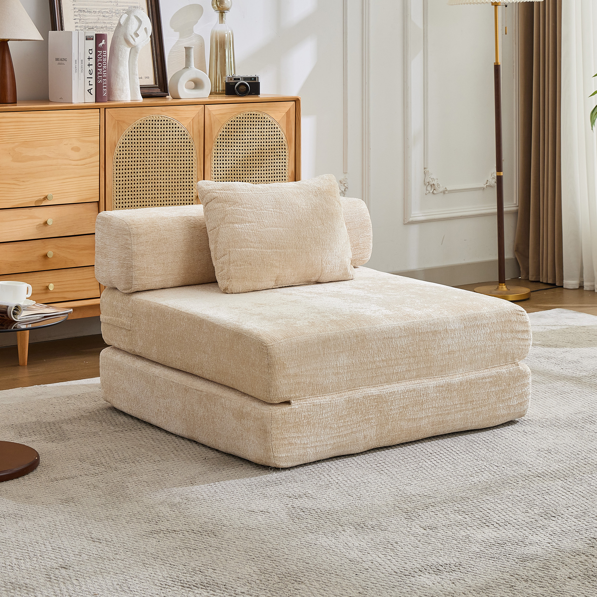 Canapé-lit compression tissu chenille sans ossature beige