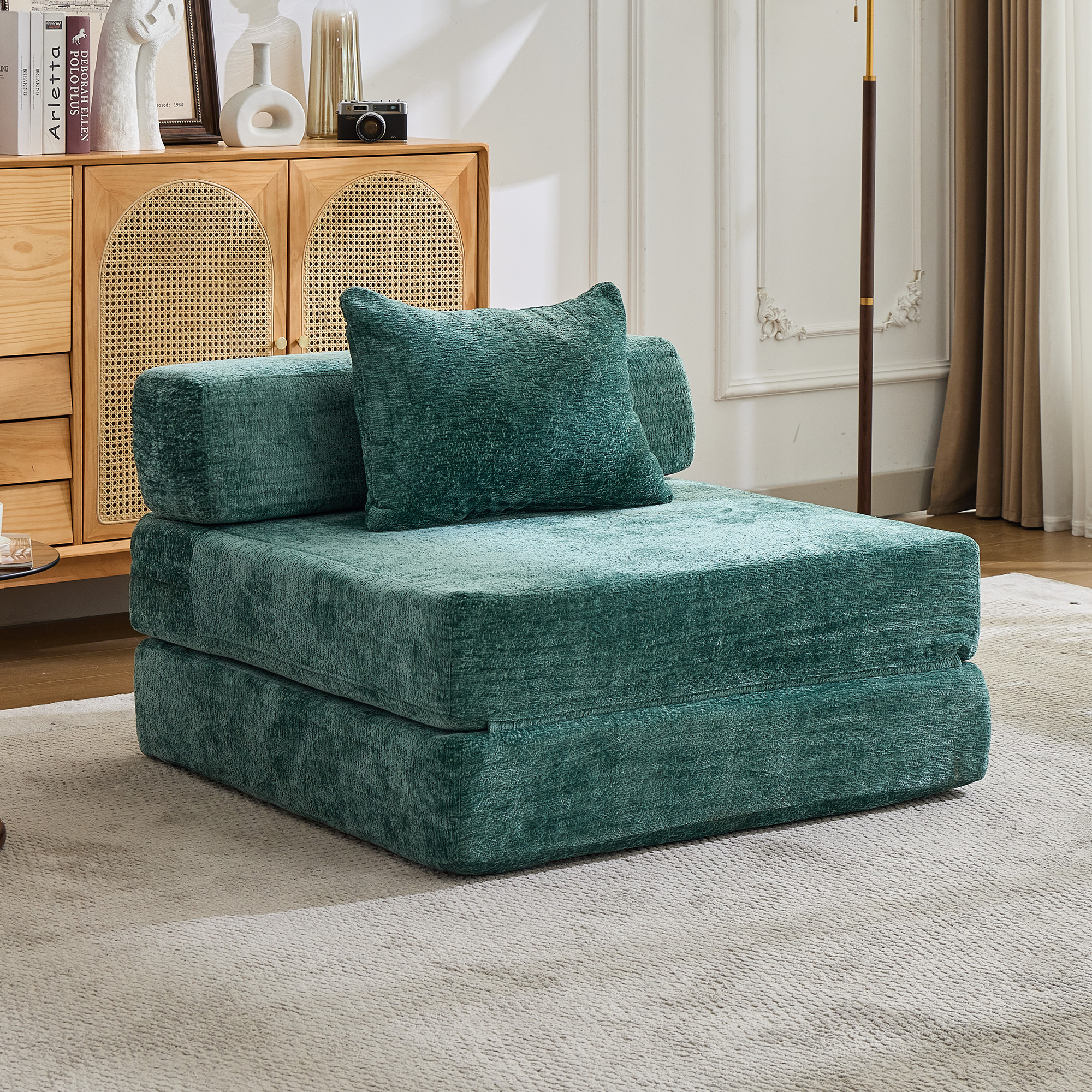 Sofa convertible compression, cadre rigide, chenille, vert foncé