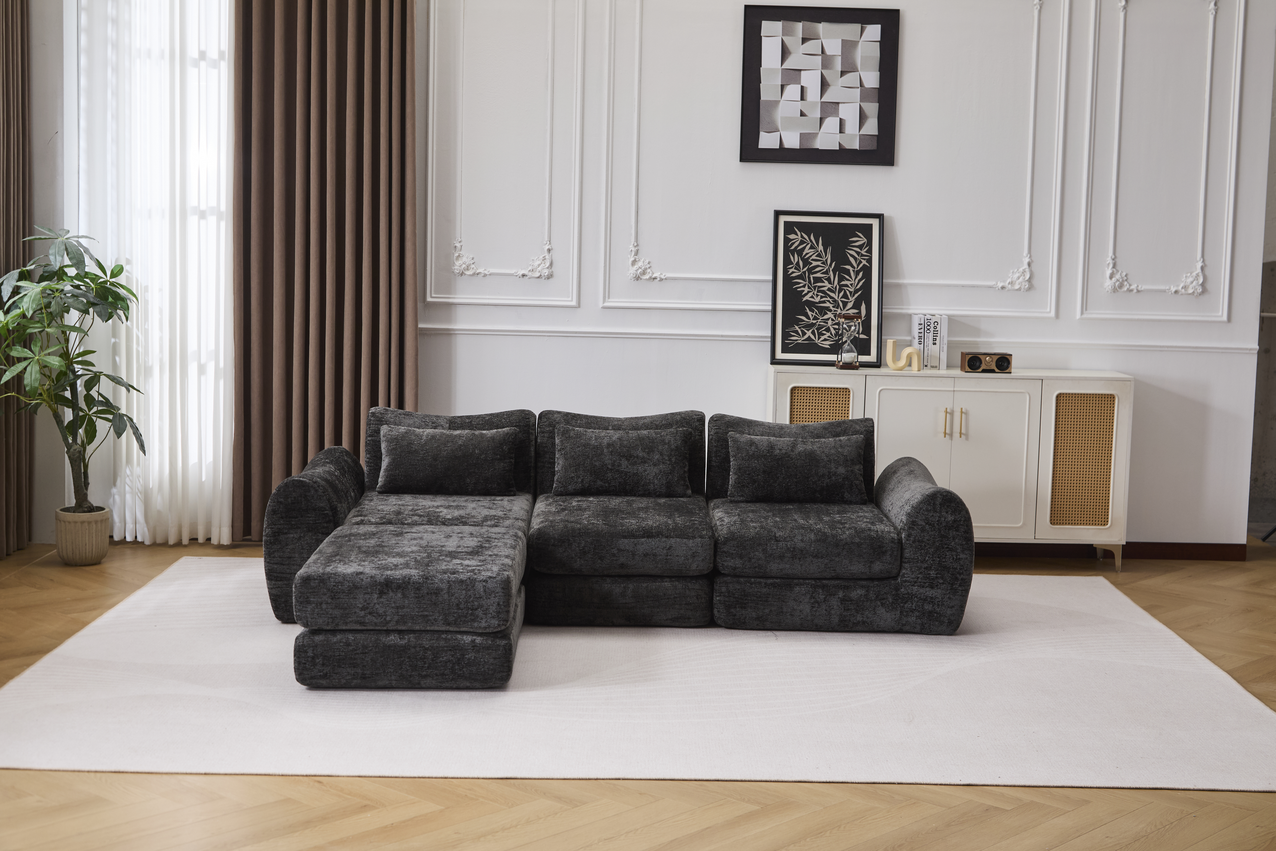 Canapé modulaire Wave Star chenille, extensible, ottoman, noir