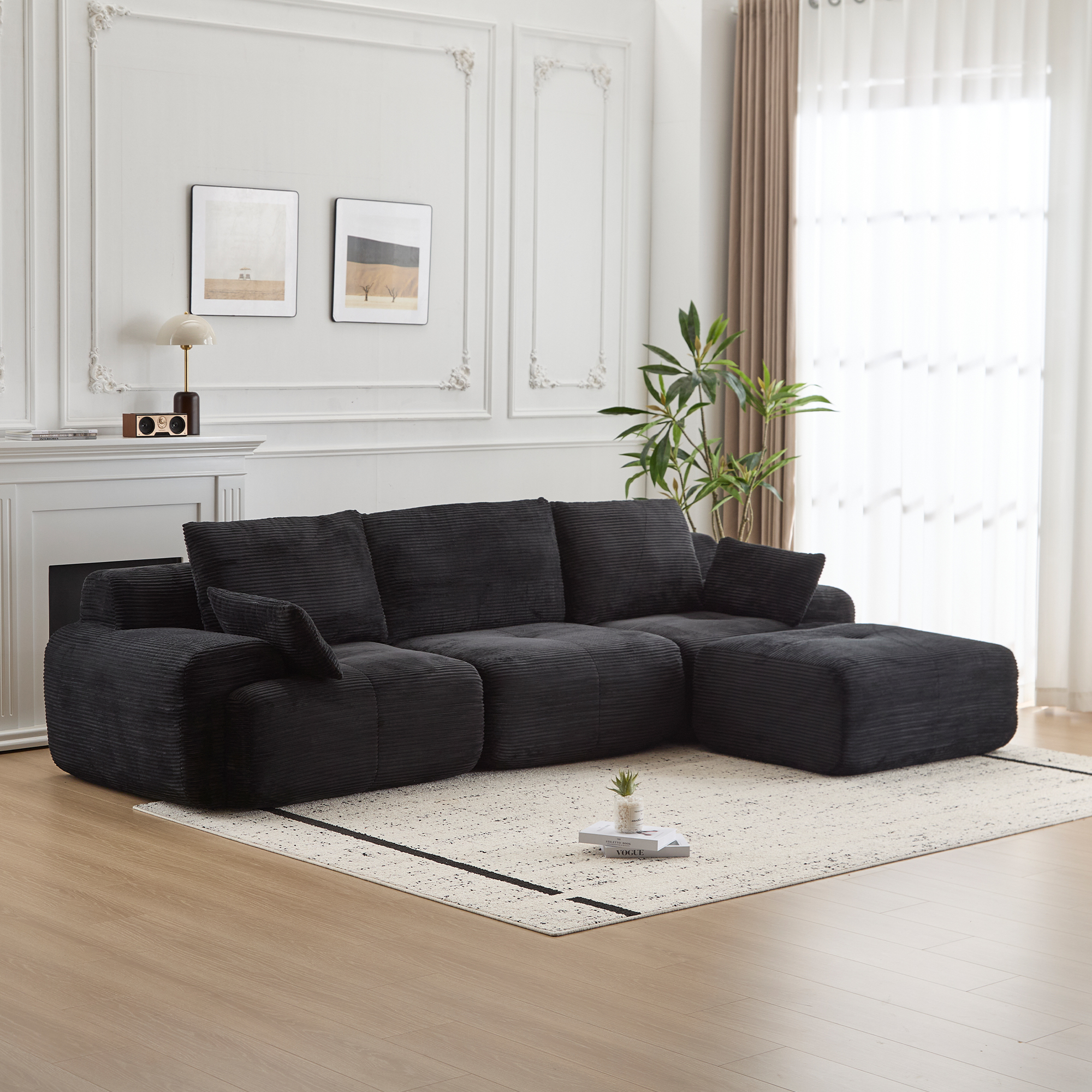 Grand sofa sectionnaire mousse mémoire, corduroy, noir