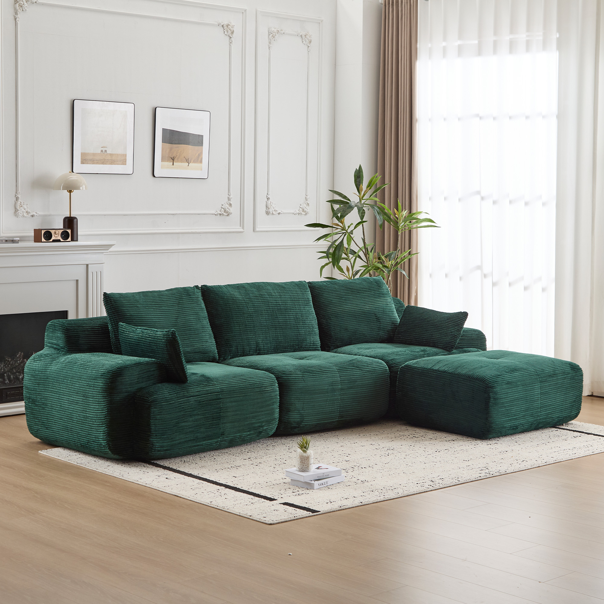 Sofa mousse mémoire grand sectionnel, tissu corduroy, loveseat profond, vert