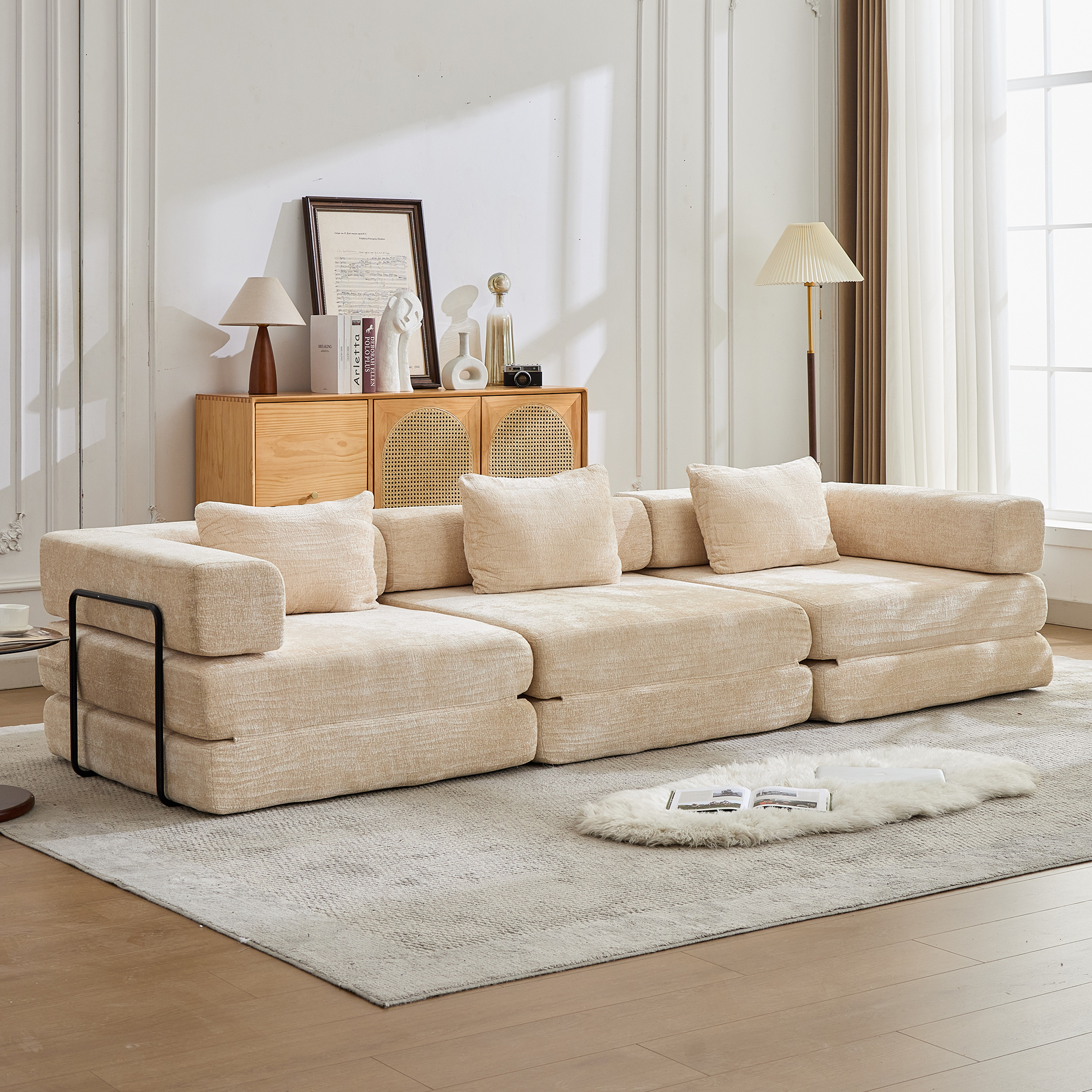 Sofa compression convertible chenille sans assemblage beige chambre salon
