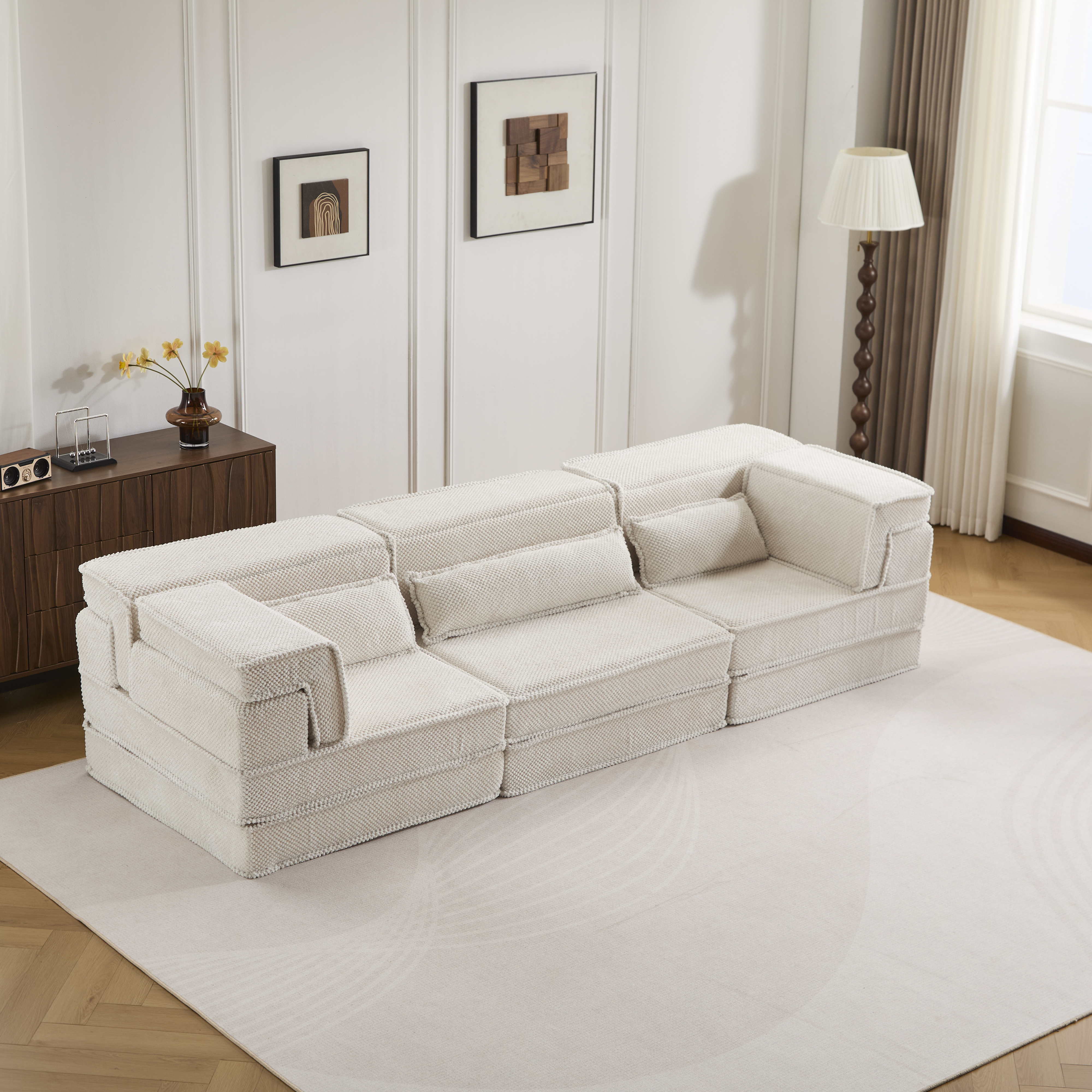 Sofa compression mahjong, lit convertible, modulaire, tissu polaire blanc, 3 places