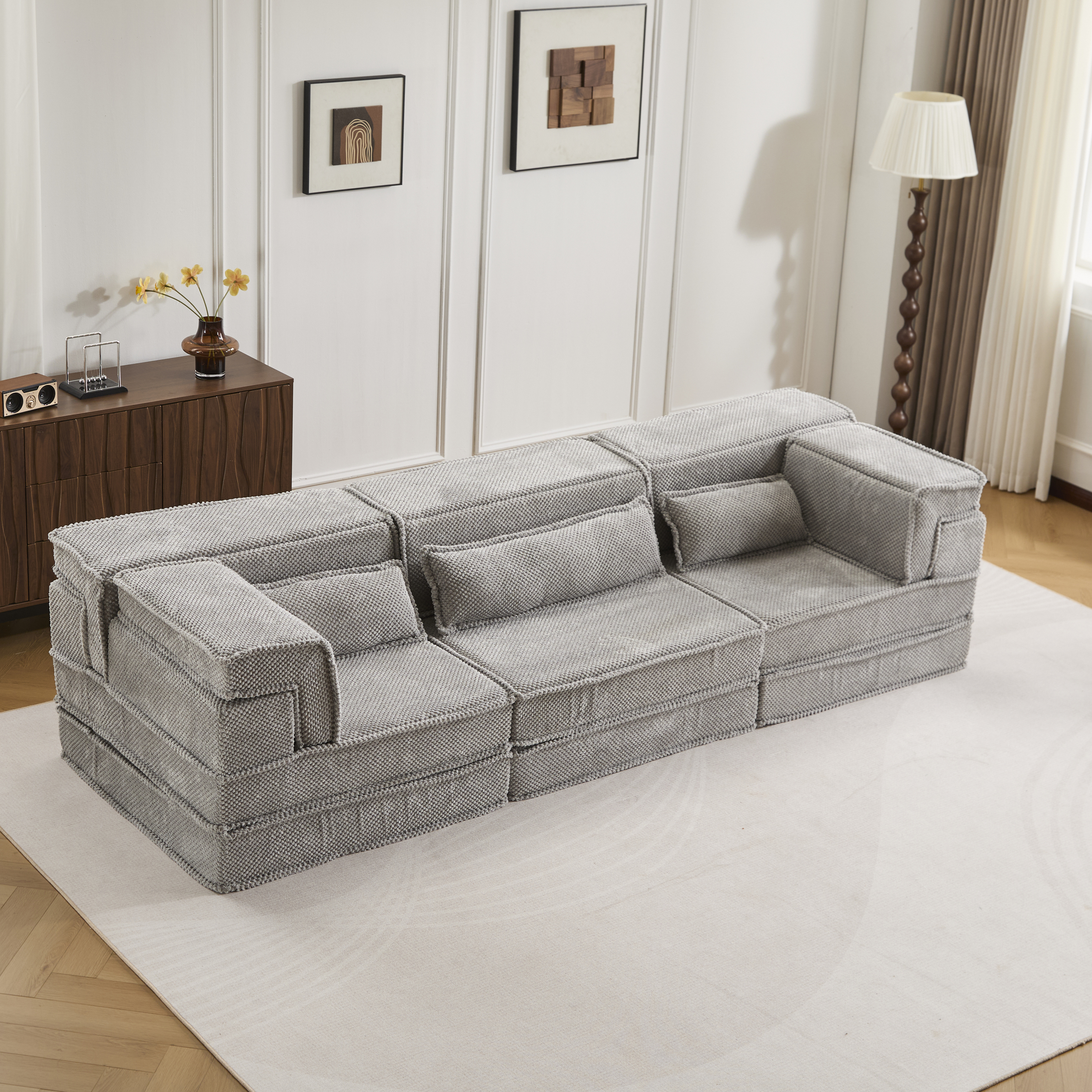 Sofa compression mahjong, lit convertible, modulaire, tissu polaire gris clair, 3 places