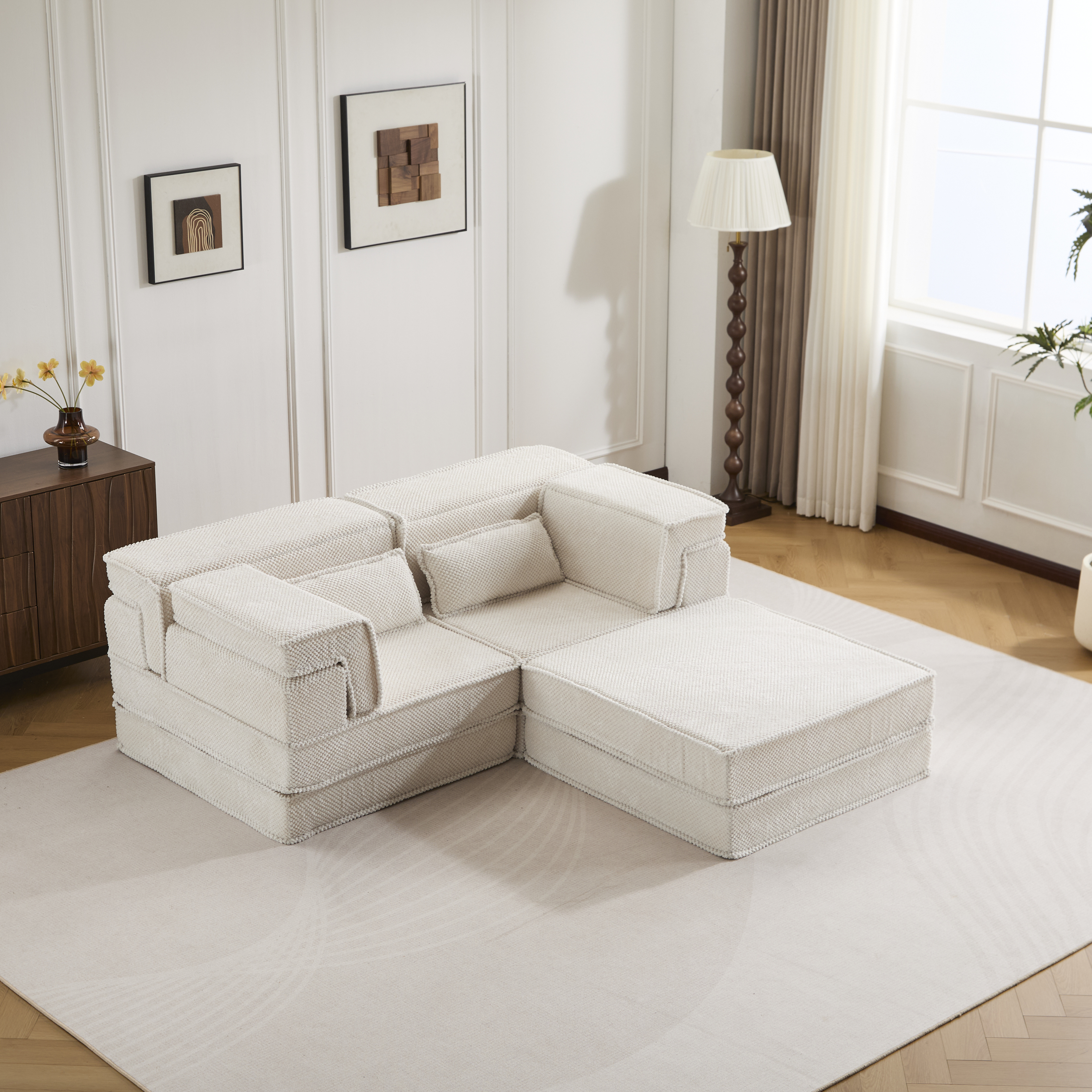 Sofa Mahjong compression, convertible, blanc, 1 ottoman